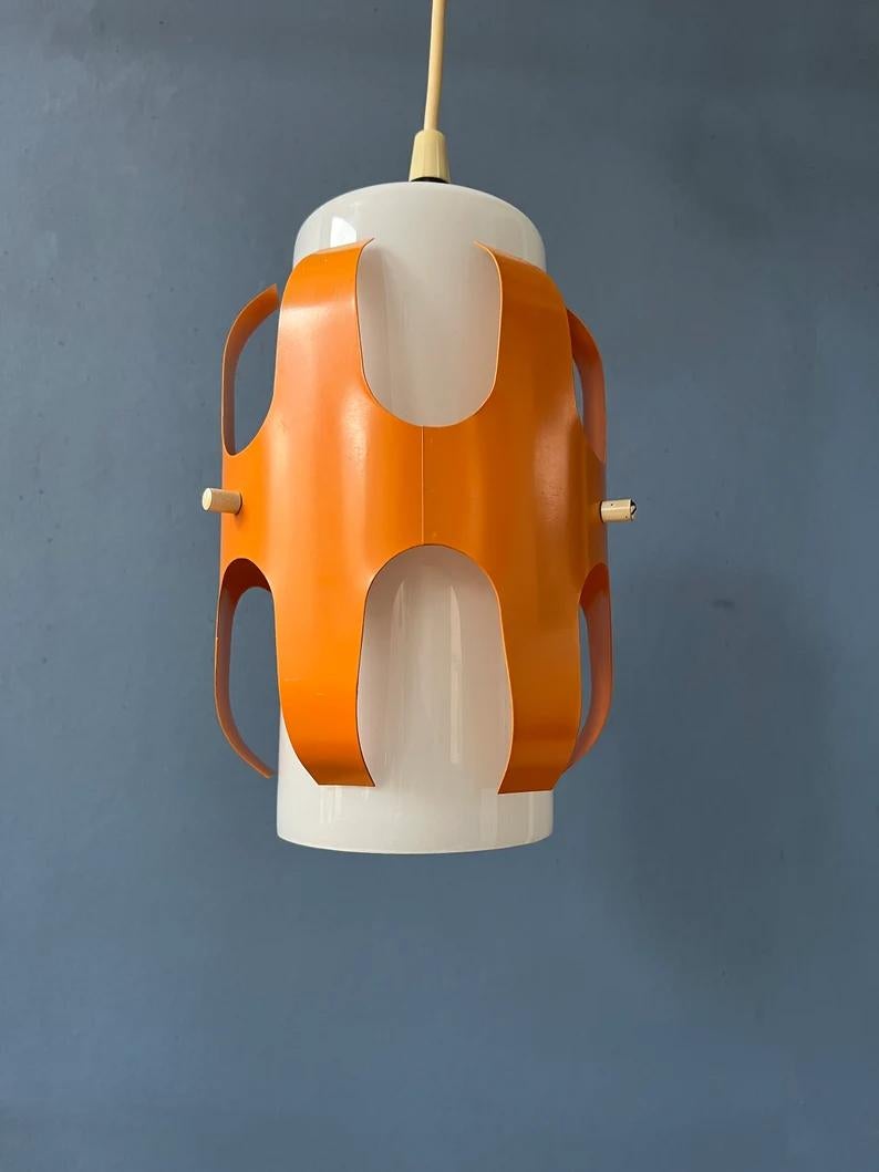 White Opaline Glass Pendant Lamp with Orange Iron Frame, 1970s For Sale 1