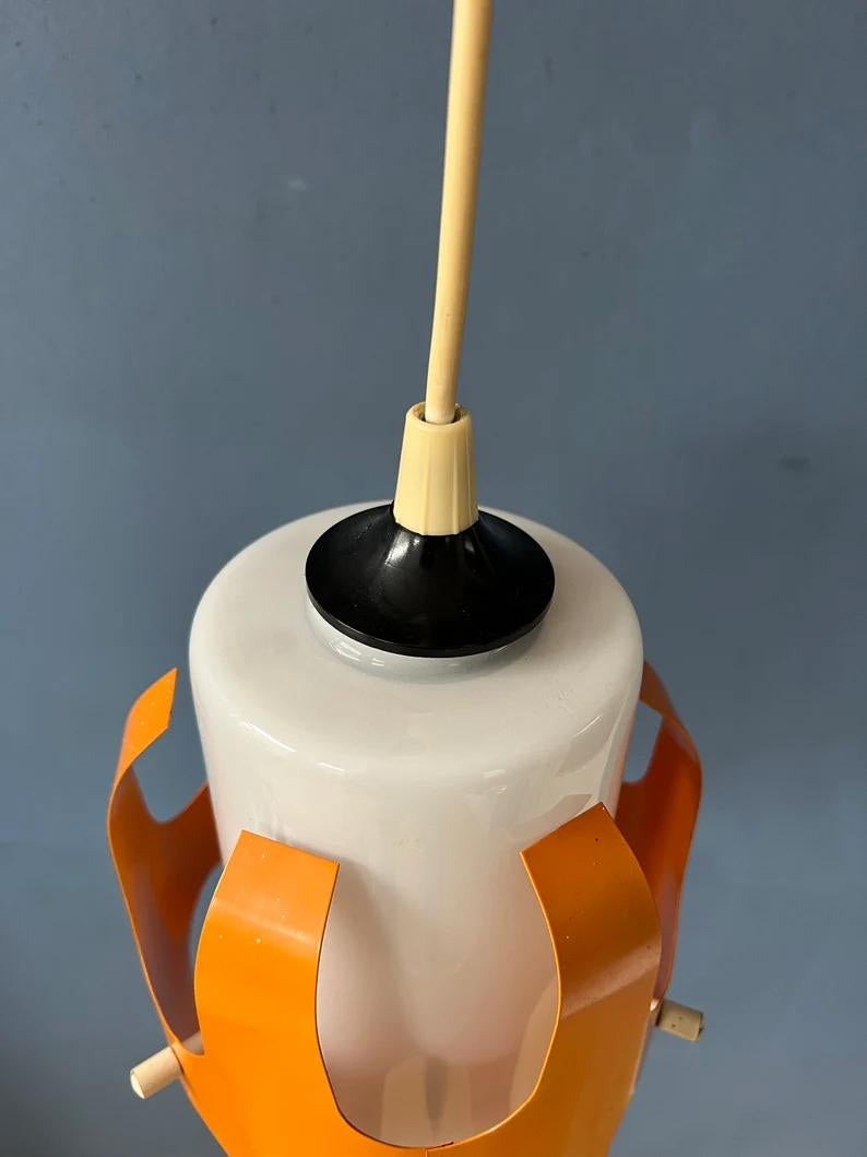 White Opaline Glass Pendant Lamp with Orange Iron Frame, 1970s For Sale 2