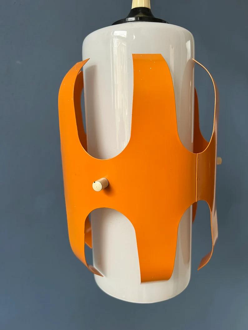 White Opaline Glass Pendant Lamp with Orange Iron Frame, 1970s For Sale 3