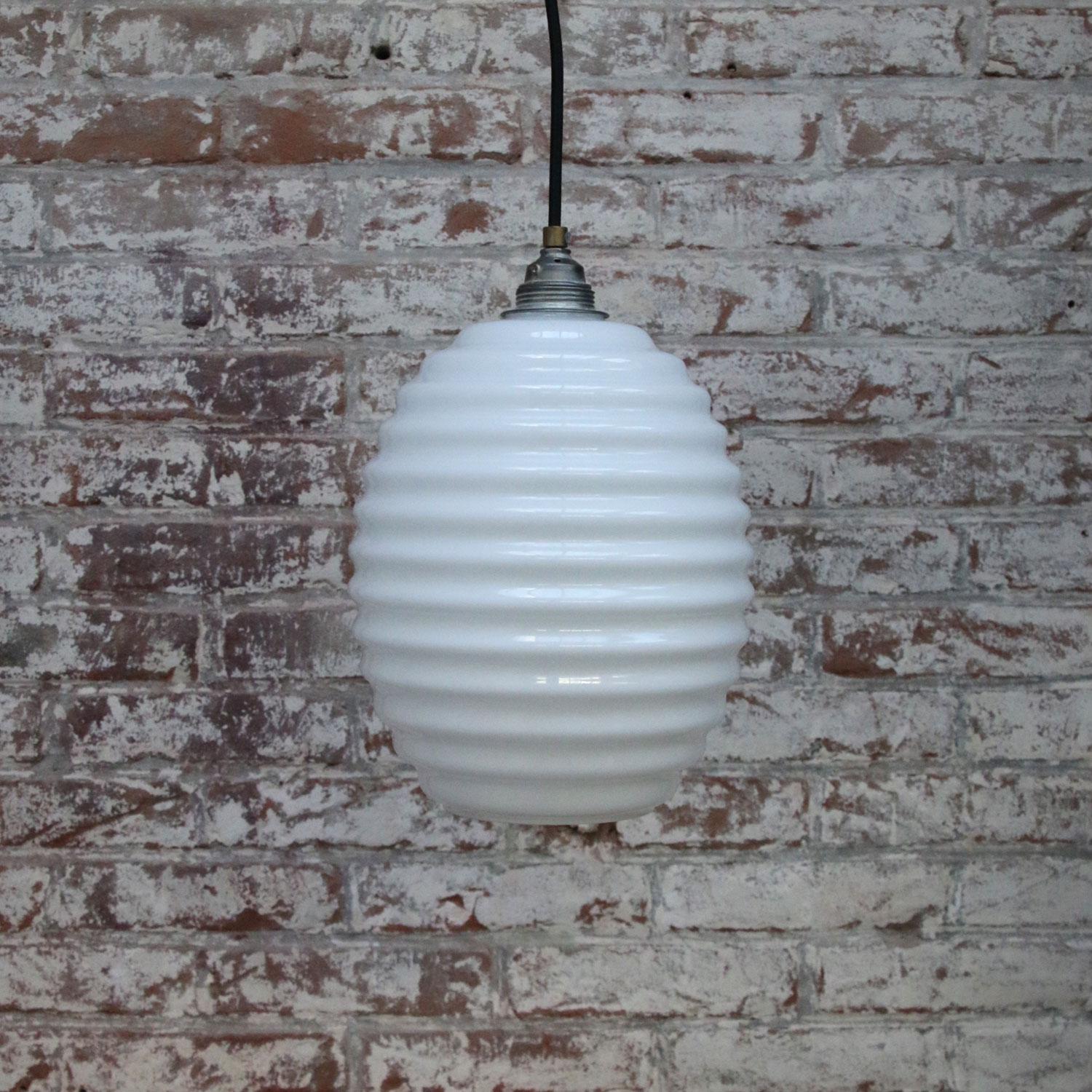 German White Opaline Glass Round Pendant Lights For Sale