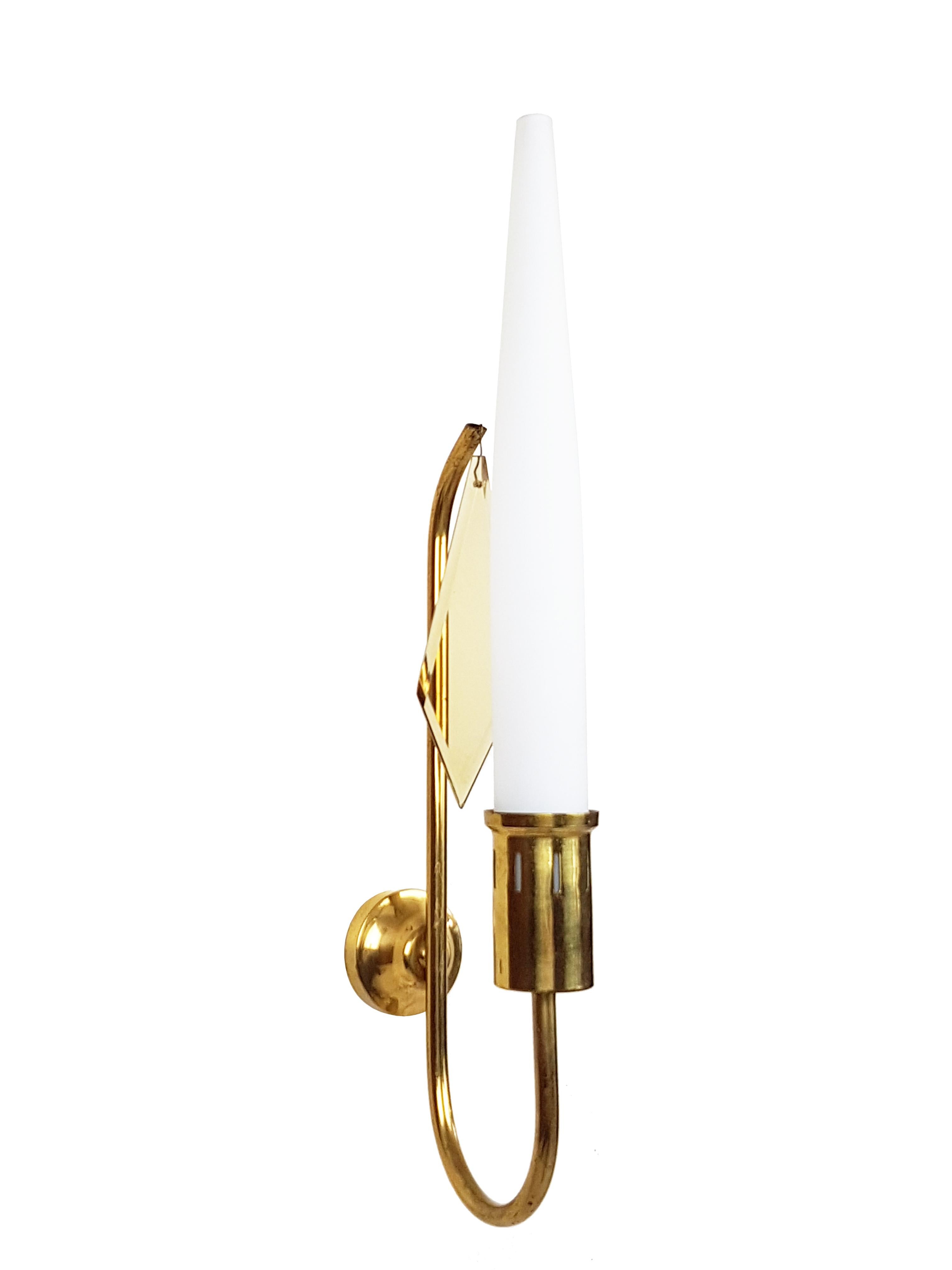 Mid-Century Modern White Opaline Glass Shade and Brass 1950s Sconces in the Style of Arredoluce