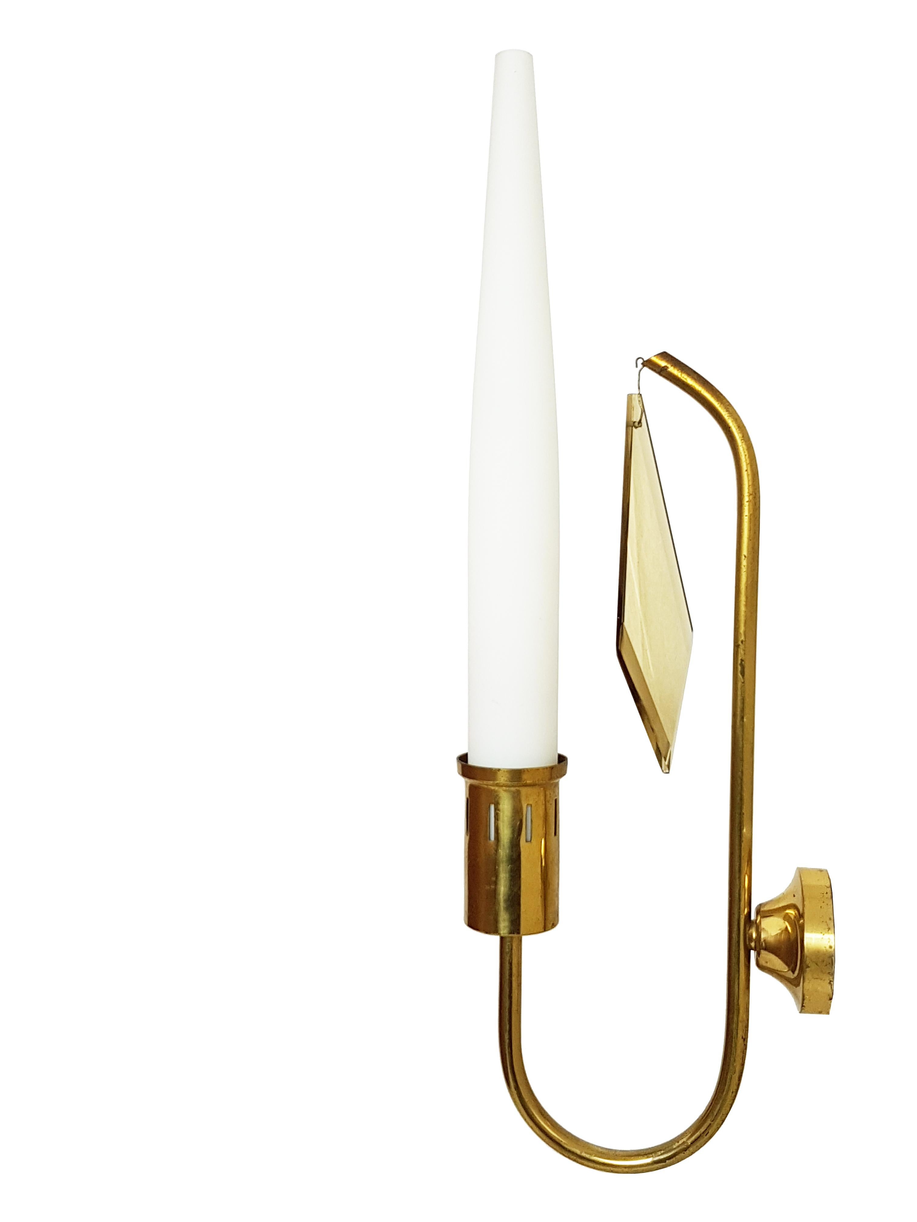 20th Century White Opaline Glass Shade and Brass 1950s Sconces in the Style of Arredoluce