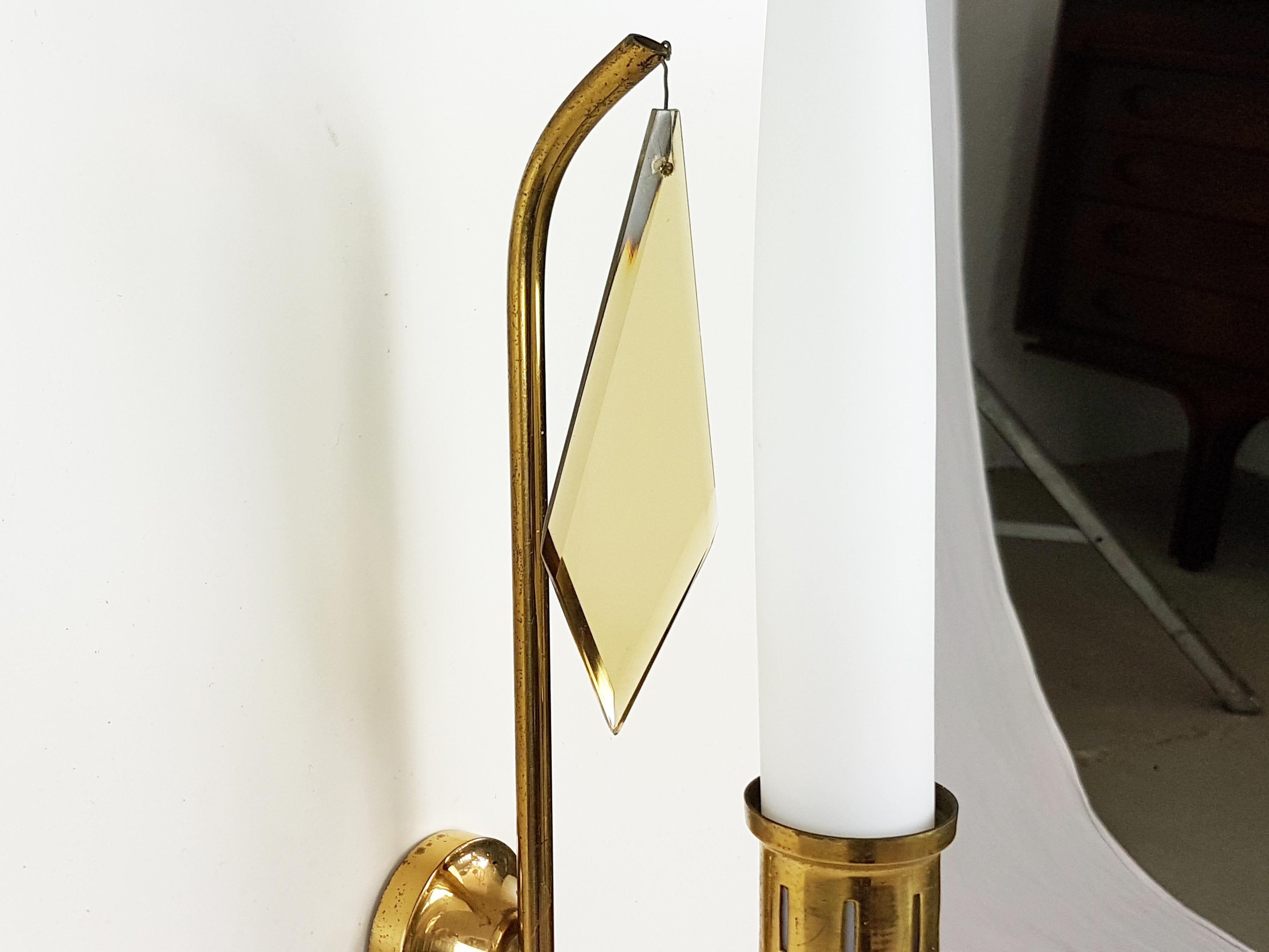 White Opaline Glass Shade and Brass 1950s Sconces in the Style of Arredoluce 3