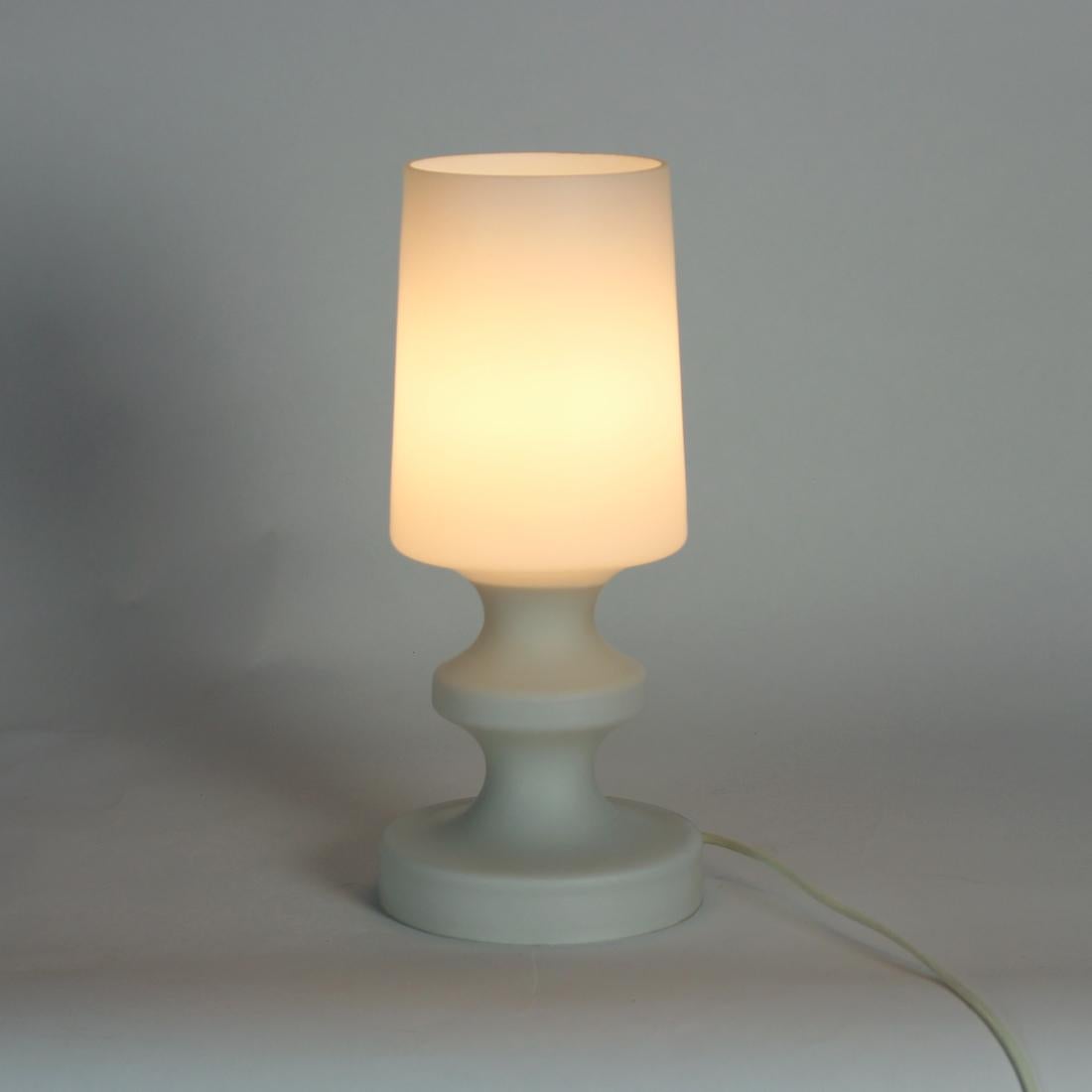 Czech White Opaline Glass Table Lamp in Chessman Design, Stefan Tabery, 1960s For Sale