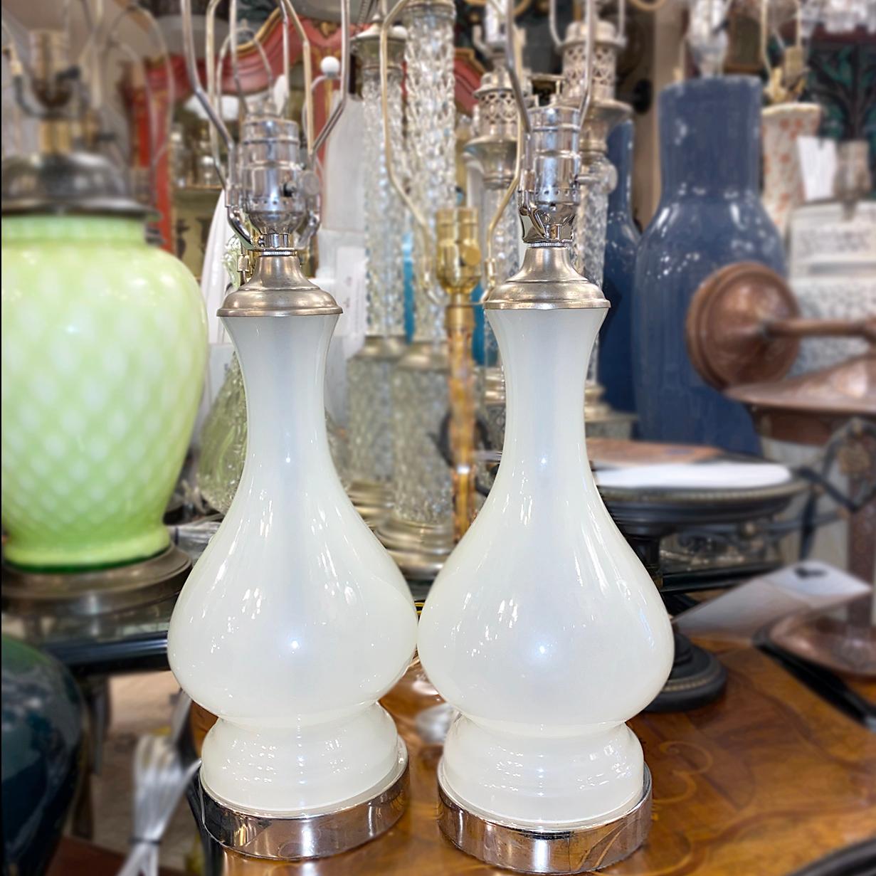 Mid-20th Century White Opaline Glass Table Lamps For Sale
