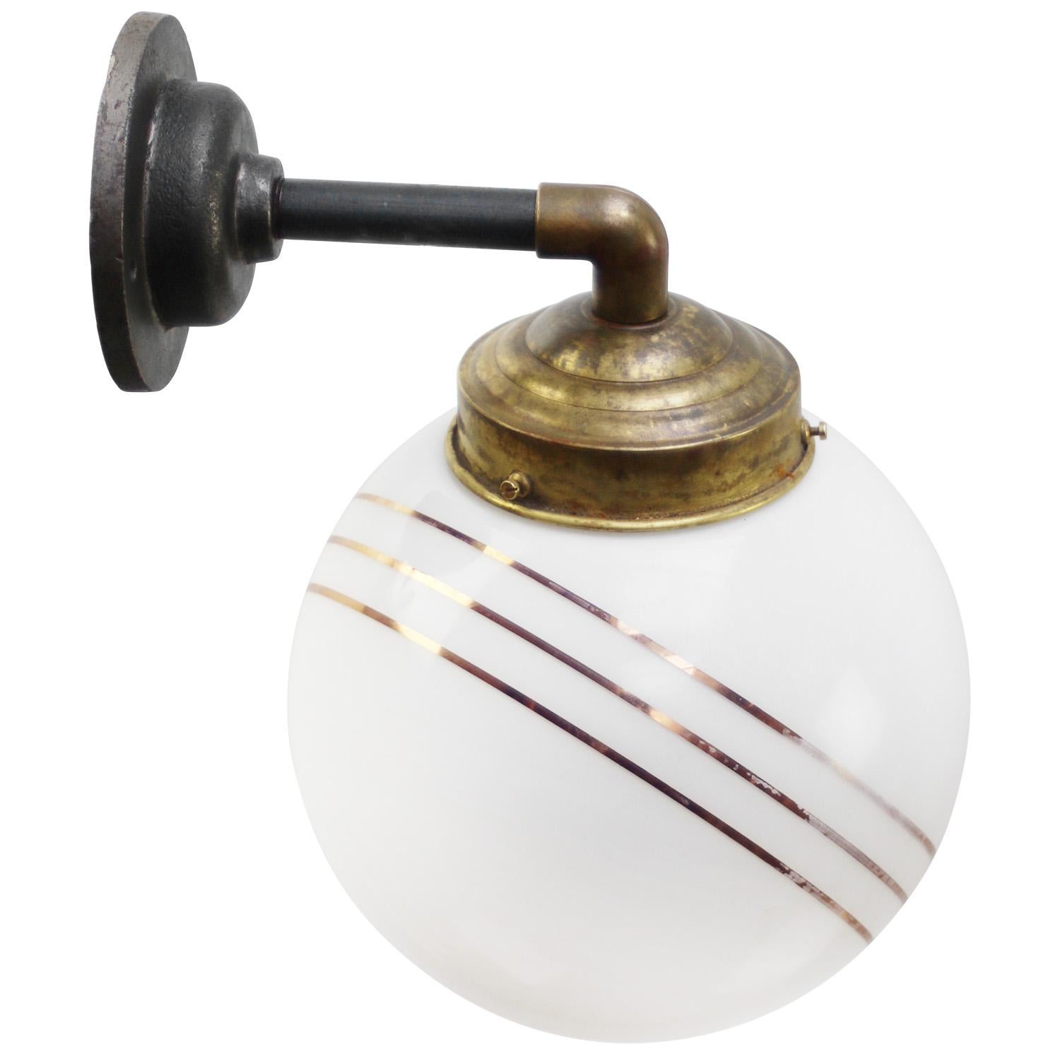 Mid-Century Modern White Opaline Glass Vintage Brass Cast Iron Scones Wall Lights For Sale