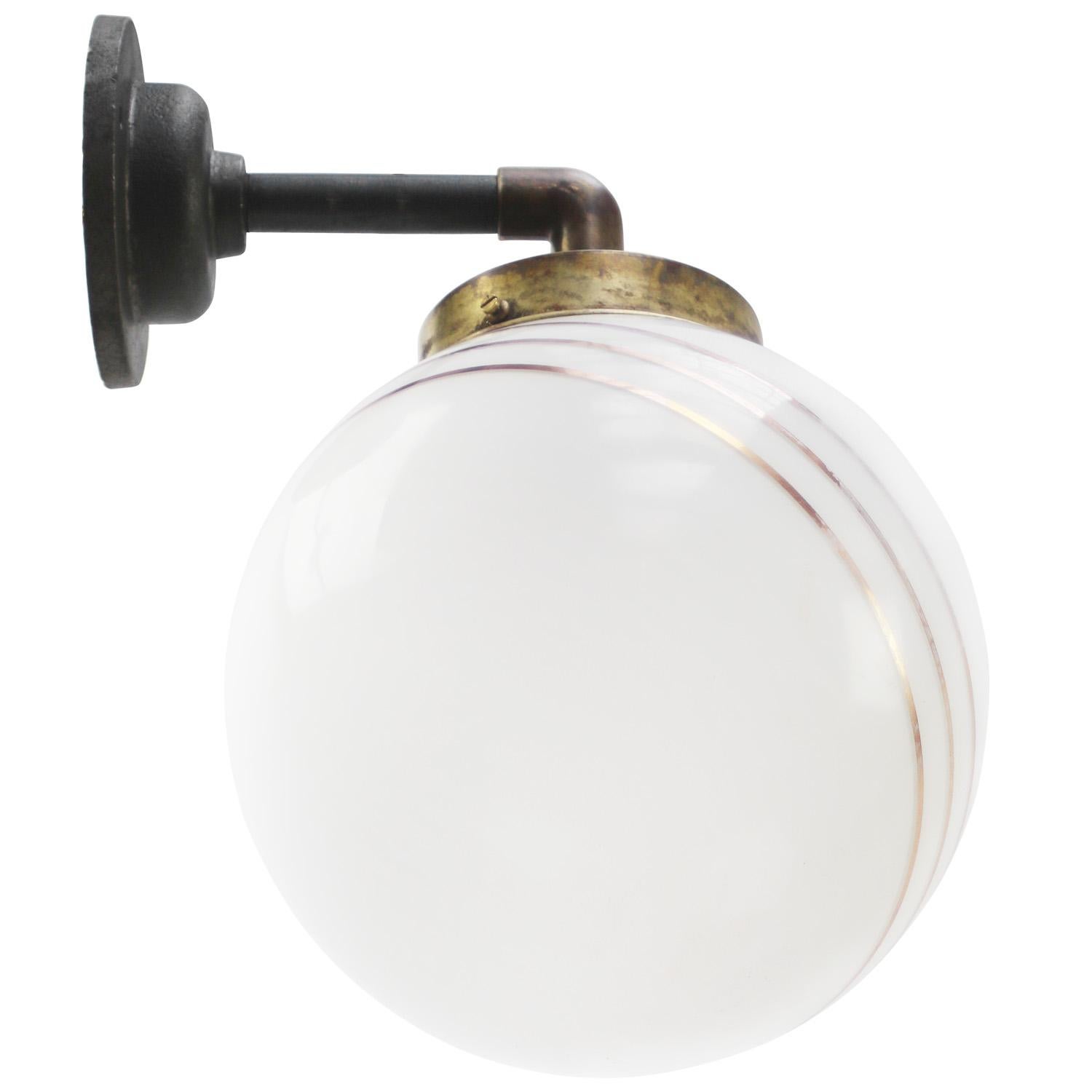 Dutch White Opaline Glass Vintage Brass Cast Iron Scones Wall Lights For Sale