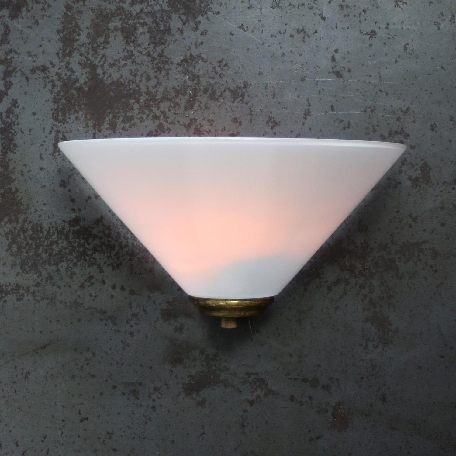 Mid-Century Modern White Opaline Glass Vintage Brass Sconces Wall Lamps For Sale