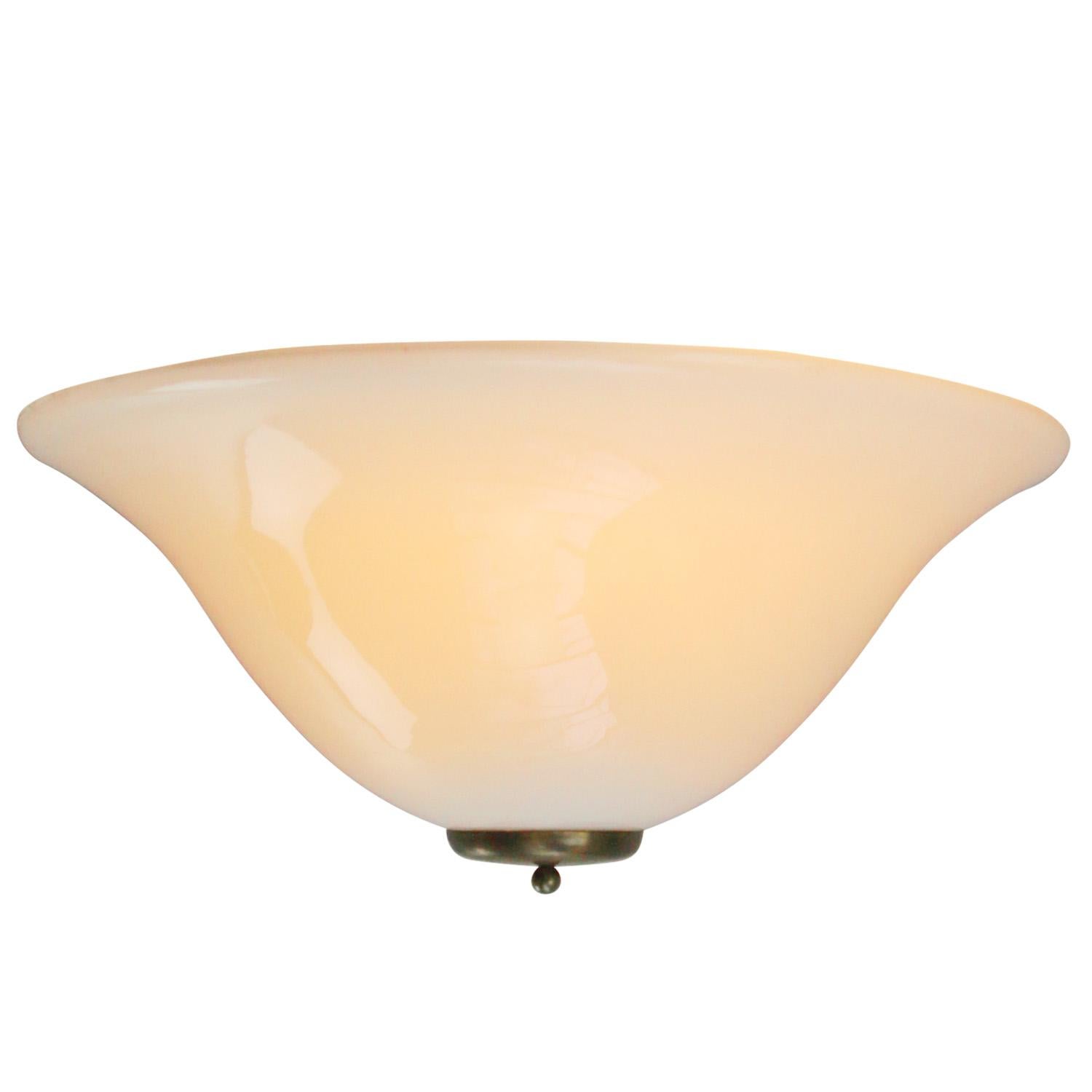 German White Opaline Glass Vintage Brass Scones Wall Lamps For Sale