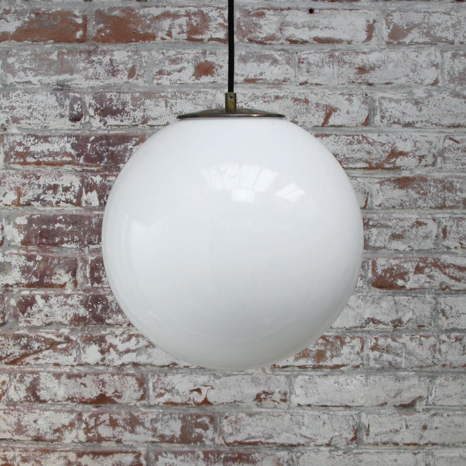 German White Opaline Glass Vintage European Brass Top Pendant Light