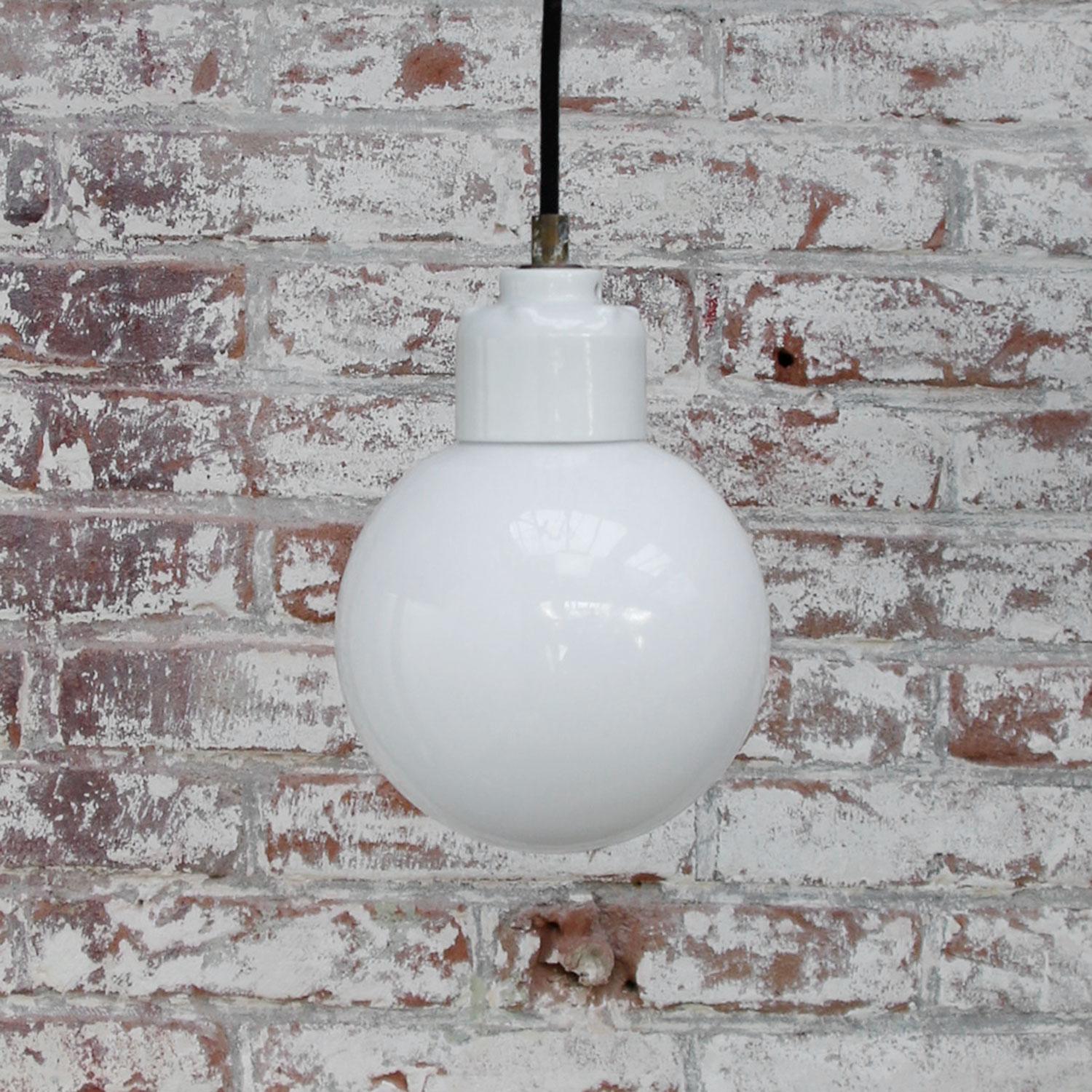 White Opaline Glass Vintage European Porcelain Top Pendant Lights In Good Condition In Amsterdam, NL