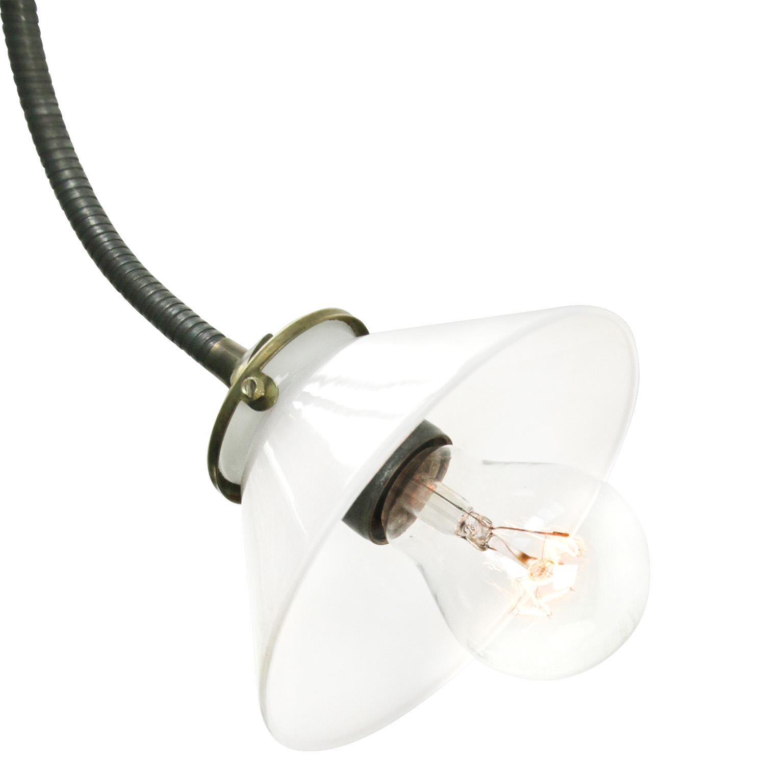 Wall light spot down lighter with clamb
White Opaline glass, light transparent shade
Gooseneck arm adjustable in angle.

Clamb size .. cm.

Weight: 1.40 kg / 3.1 lb

Priced per individual item. All lamps have been made suitable by