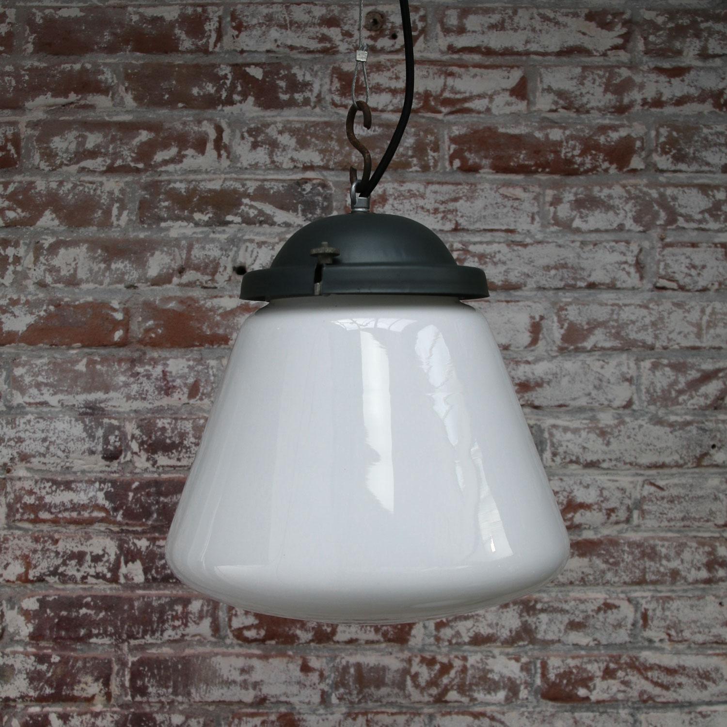 White Opaline Glass Vintage Industrial Aluminum Top Pendant Lights In Good Condition In Amsterdam, NL