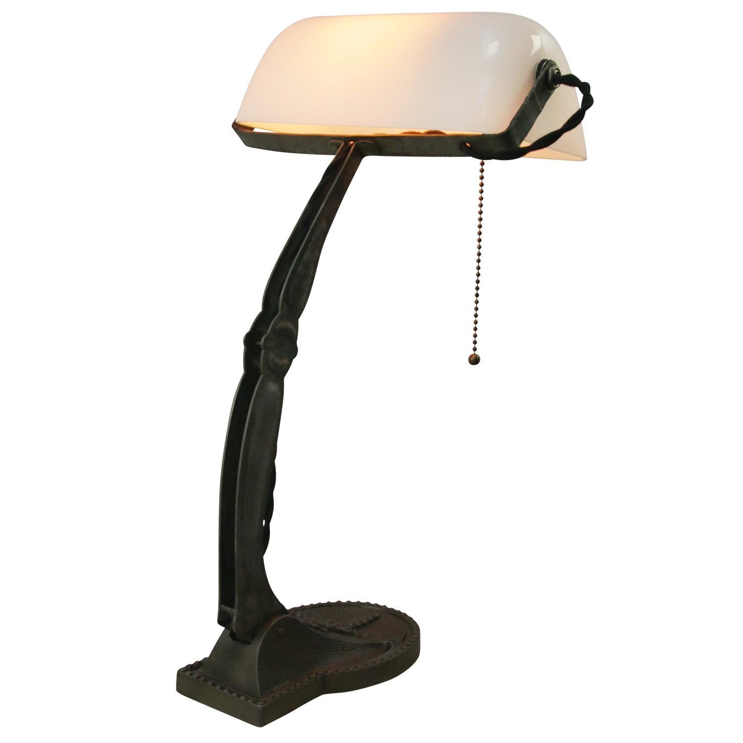 Cast White Opaline Glass Vintage Industrial Banker Light Table Desk Lights For Sale