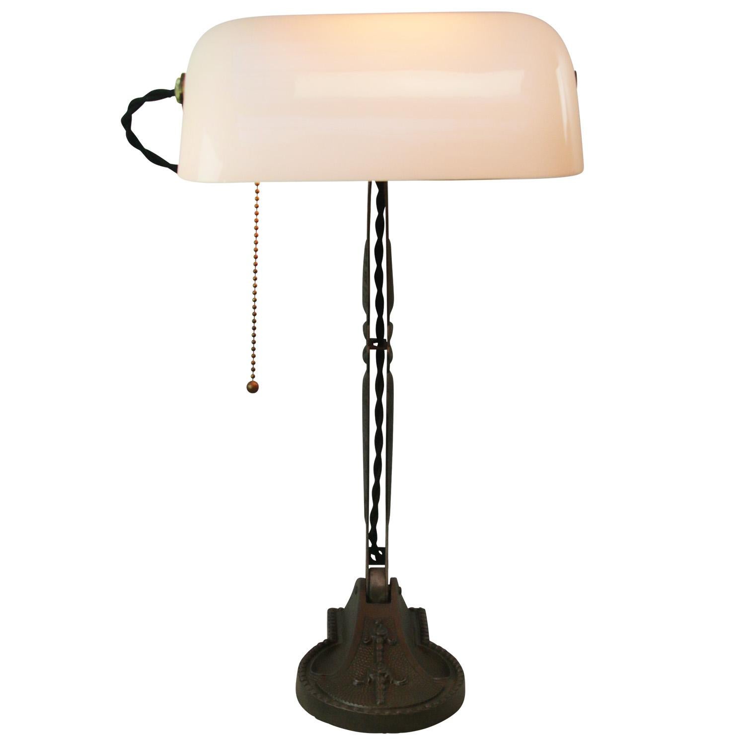 White Opaline Glass Vintage Industrial Banker Light Table Desk Lights In Good Condition For Sale In Amsterdam, NL