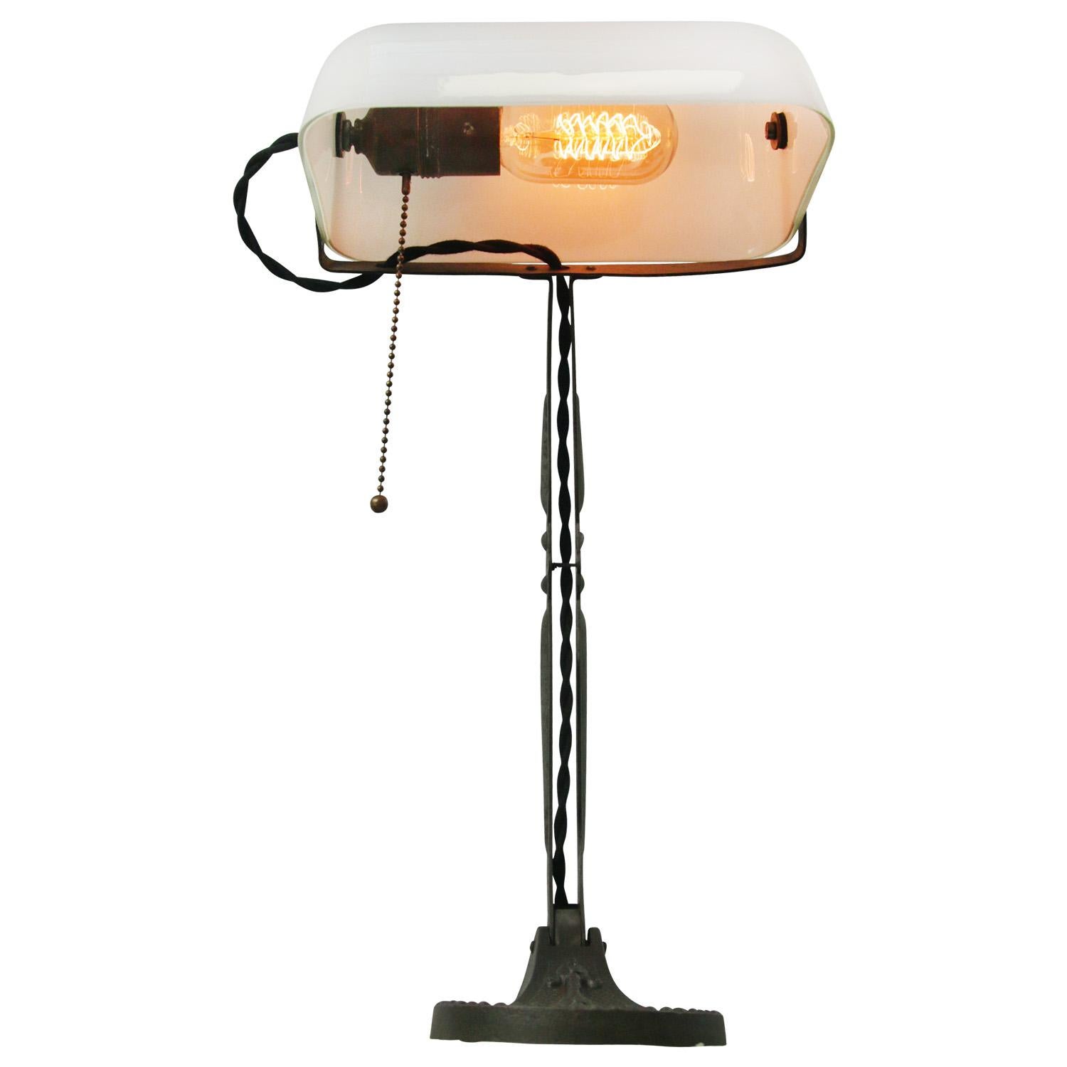 20th Century White Opaline Glass Vintage Industrial Banker Light Table Desk Lights For Sale