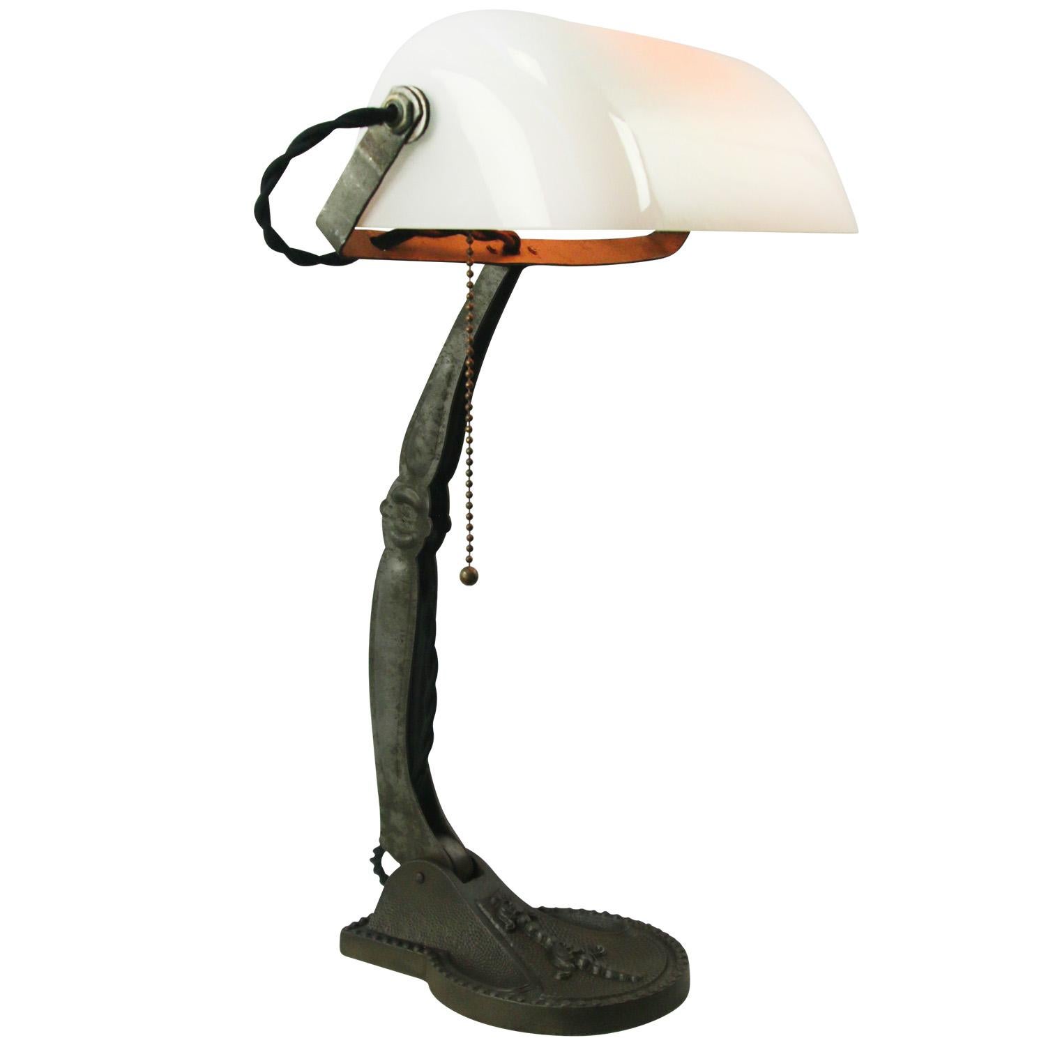 White Opaline Glass Vintage Industrial Banker Light Table Desk Lights For Sale 2