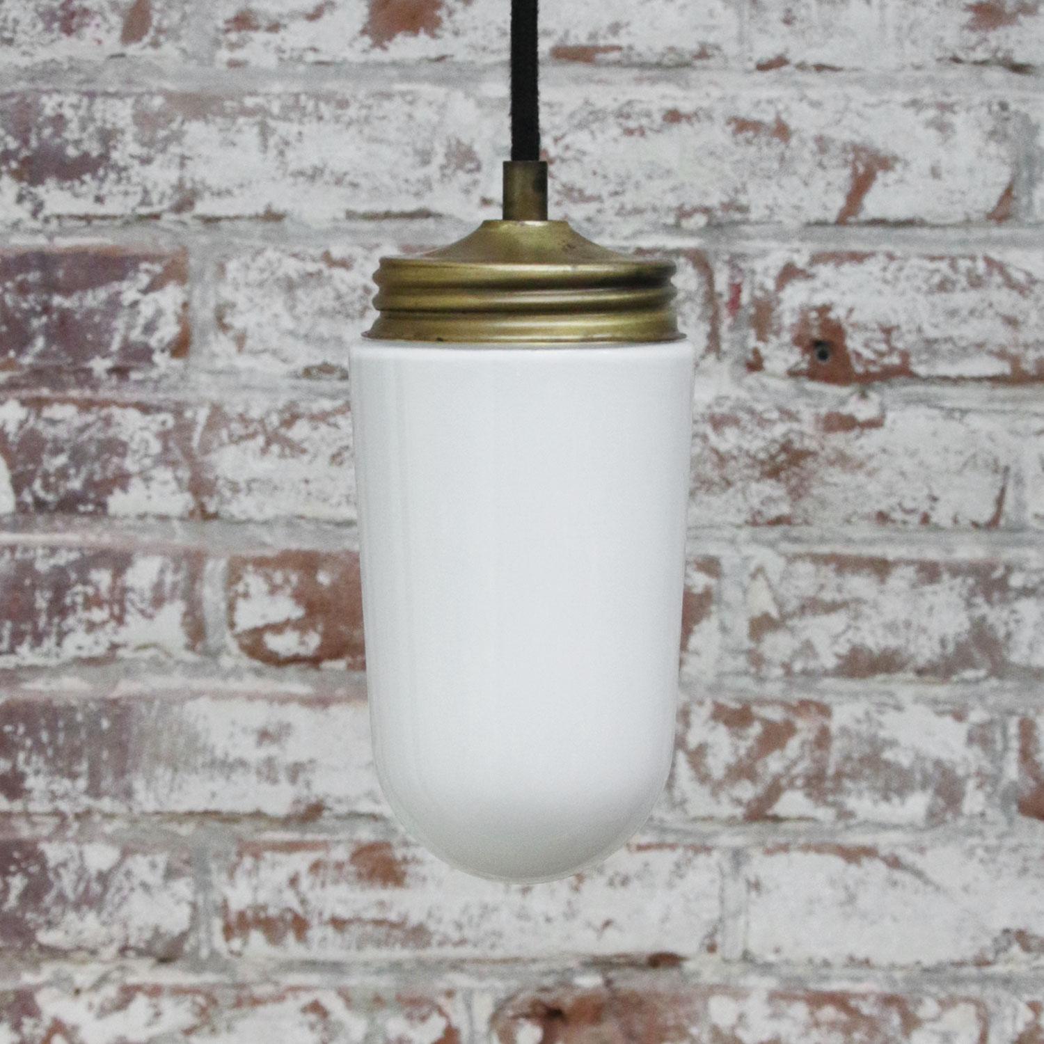20th Century White Opaline Glass Vintage Industrial Brass Pendant Lights