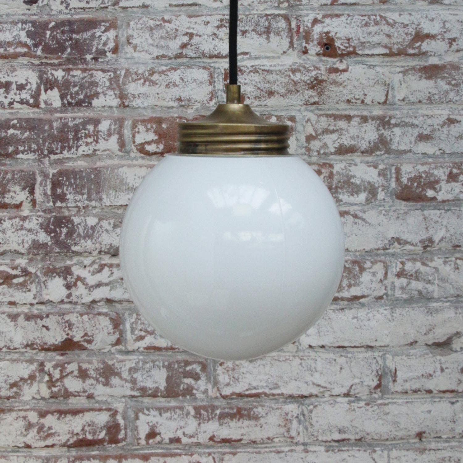 20th Century White Opaline Glass Vintage Industrial Brass Pendant Lights