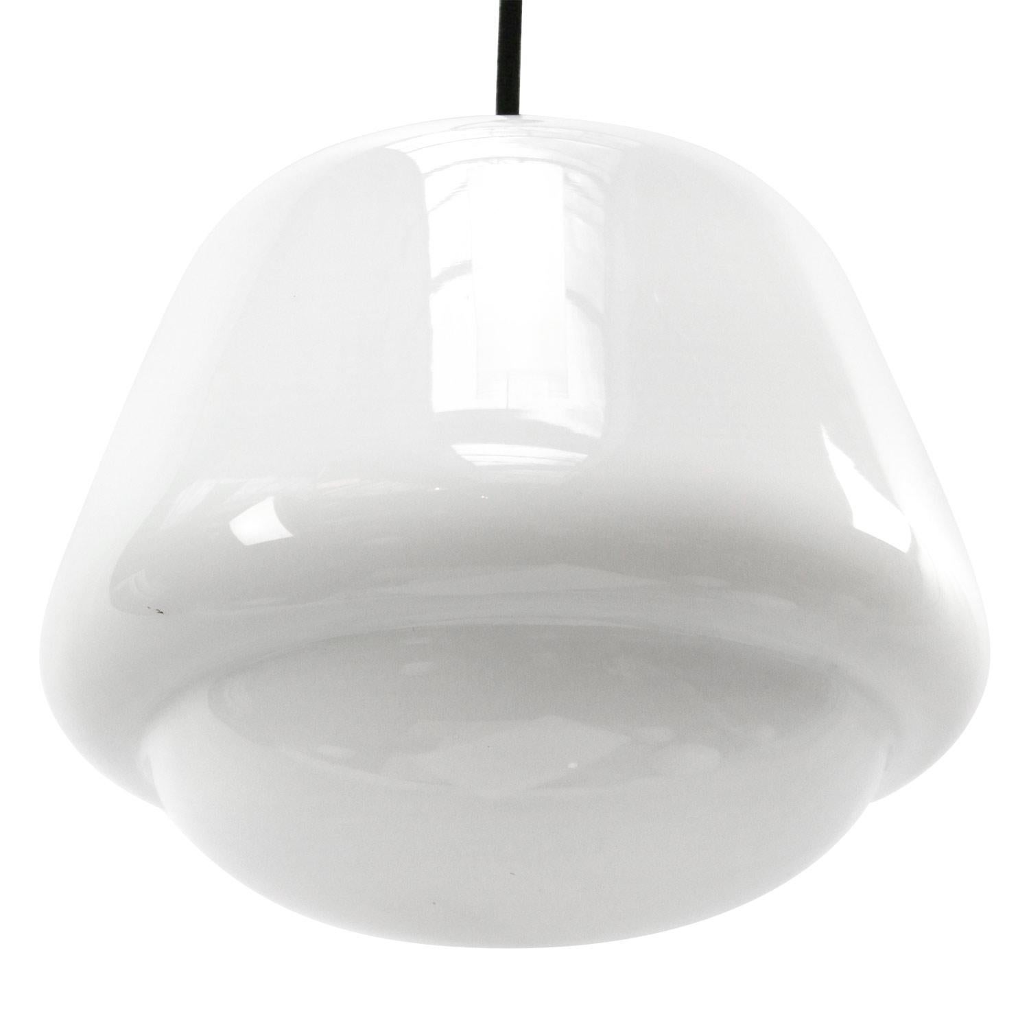 Mid-Century Modern White Opaline Glass Vintage Industrial Brass Top Pendant Lights For Sale