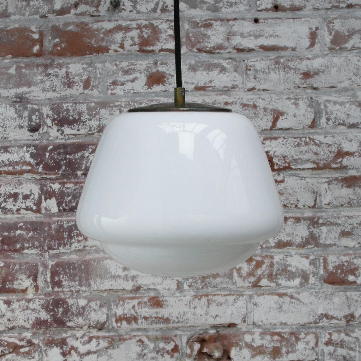 White Opaline Glass Vintage Industrial Brass Top Pendant Lights In Good Condition For Sale In Amsterdam, NL