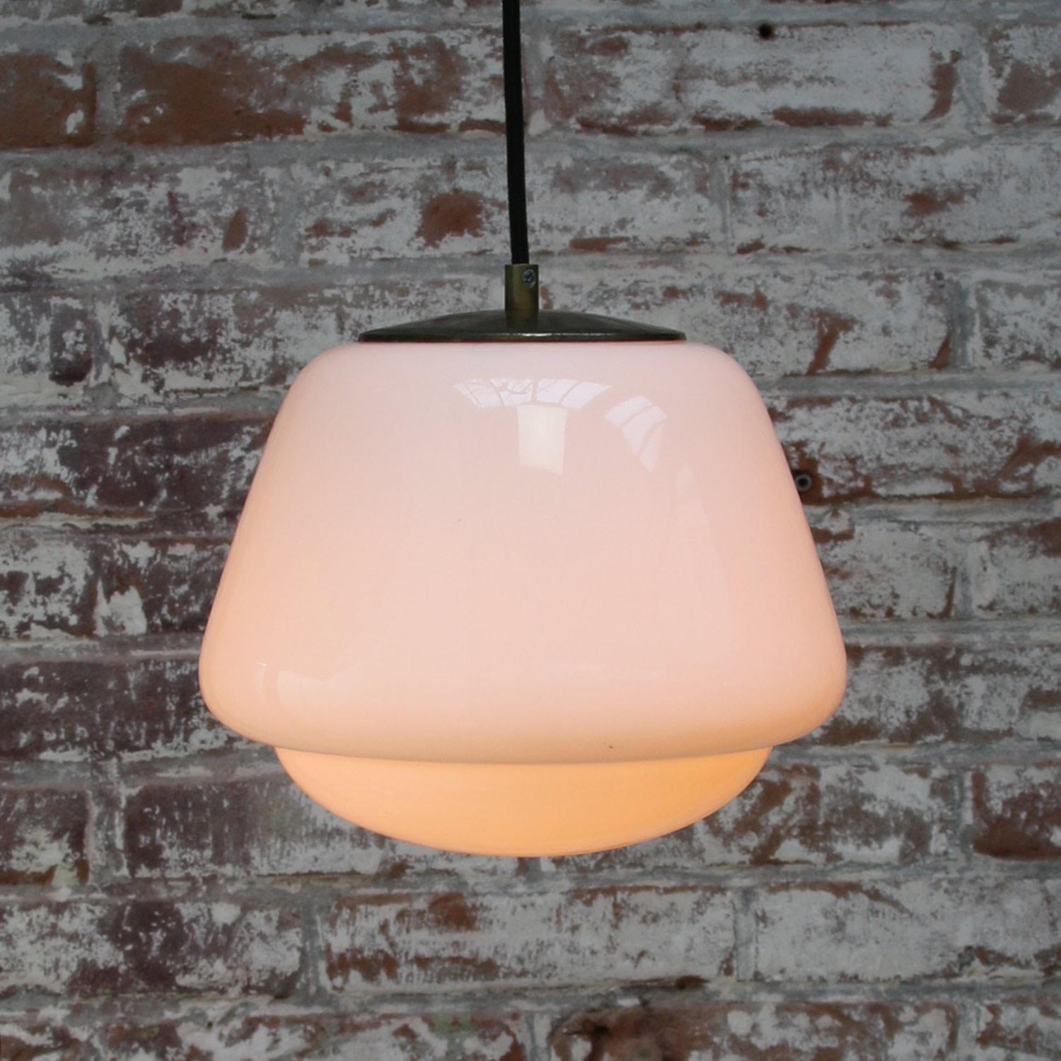 20th Century White Opaline Glass Vintage Industrial Brass Top Pendant Lights For Sale