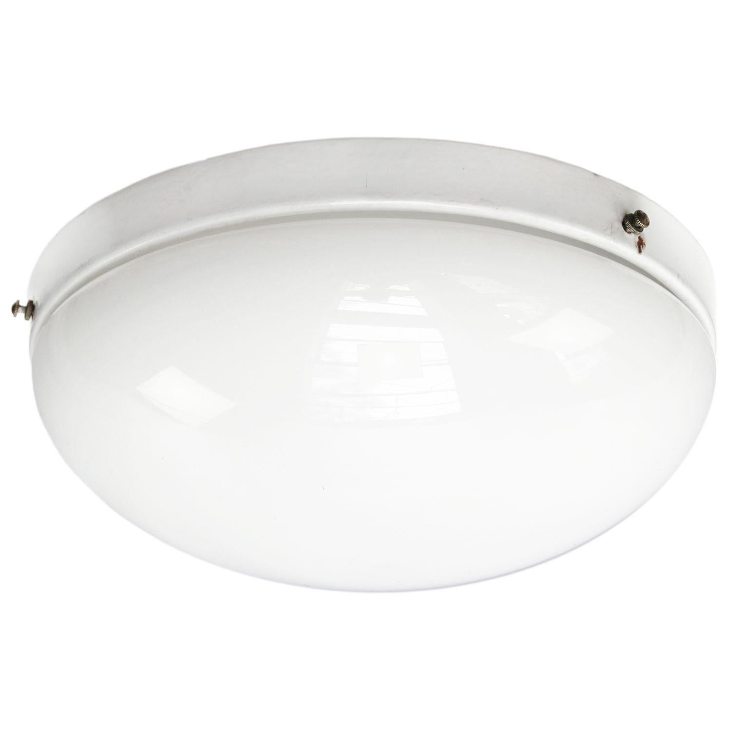 Industrial ceiling lamp, wall light, flush mount.
Enamel base with white opaline glass.

Weight: 1.50 kg / 3.3 lb

Priced per individual item. All lamps have been made suitable by international standards for incandescent light bulbs,
