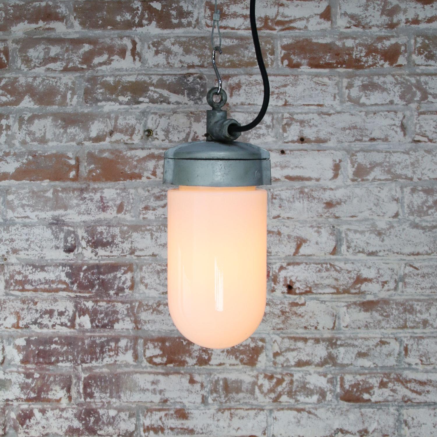 White Opaline Glass Vintage Industrial Metal Pendant Lights In Good Condition For Sale In Amsterdam, NL
