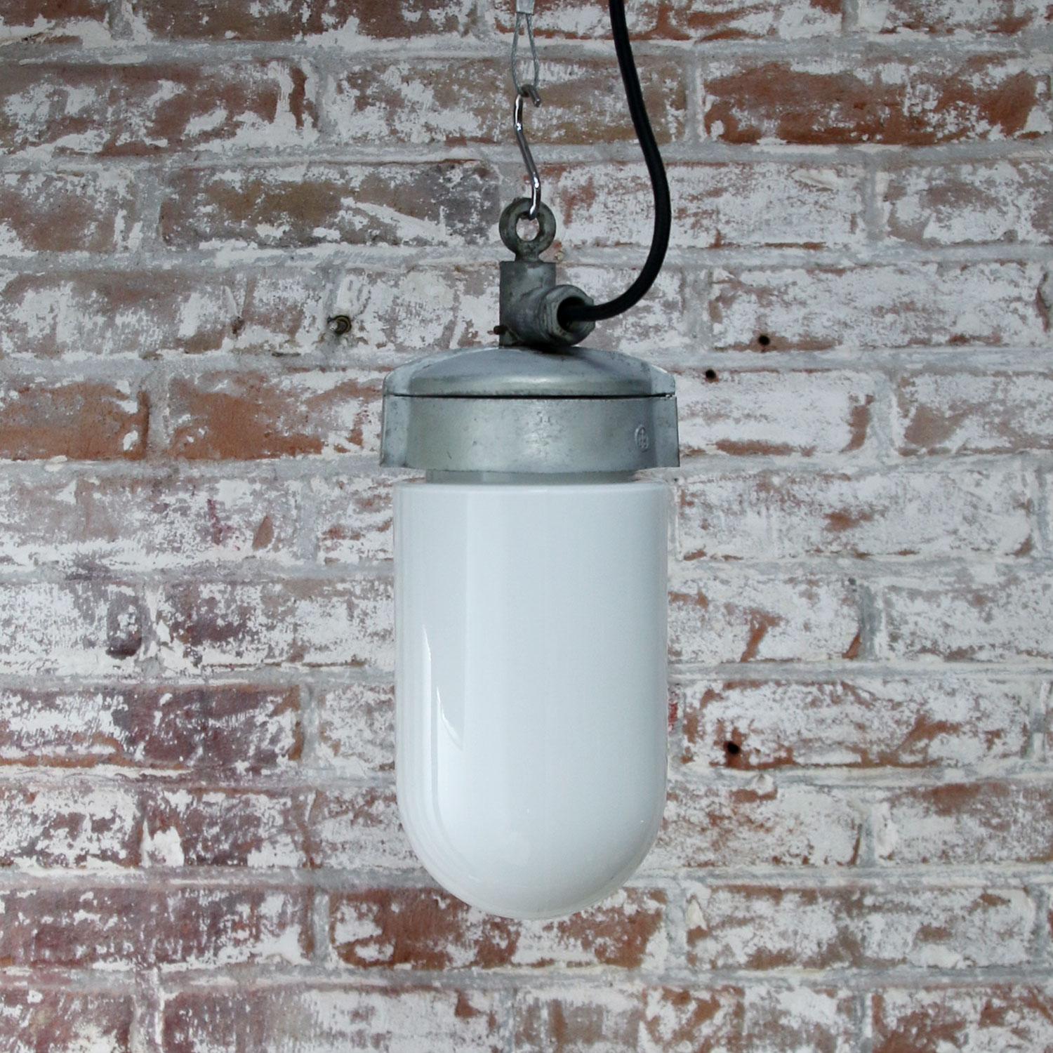 20th Century White Opaline Glass Vintage Industrial Metal Pendant Lights For Sale