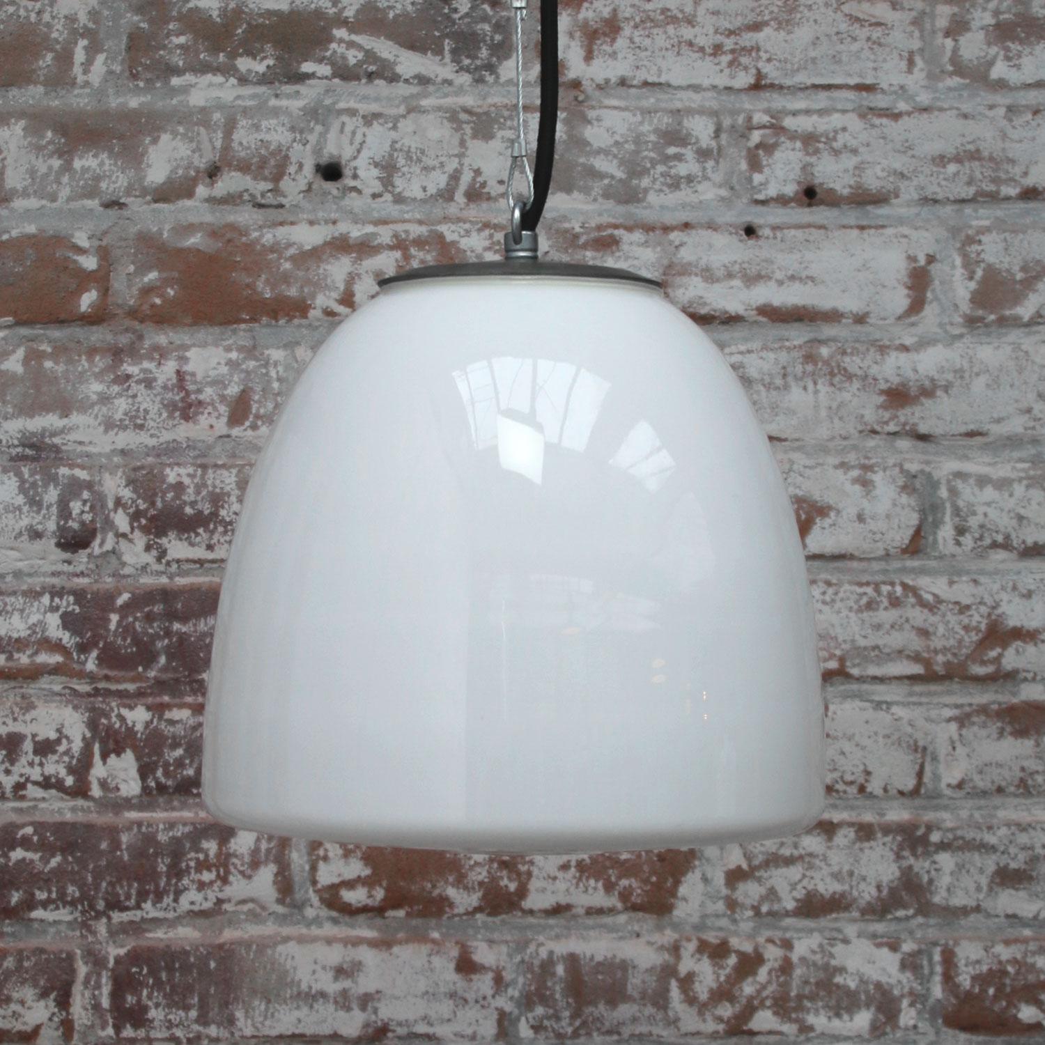 German White Opaline Glass Vintage Industrial Metal Top Pendant Lights (2x)