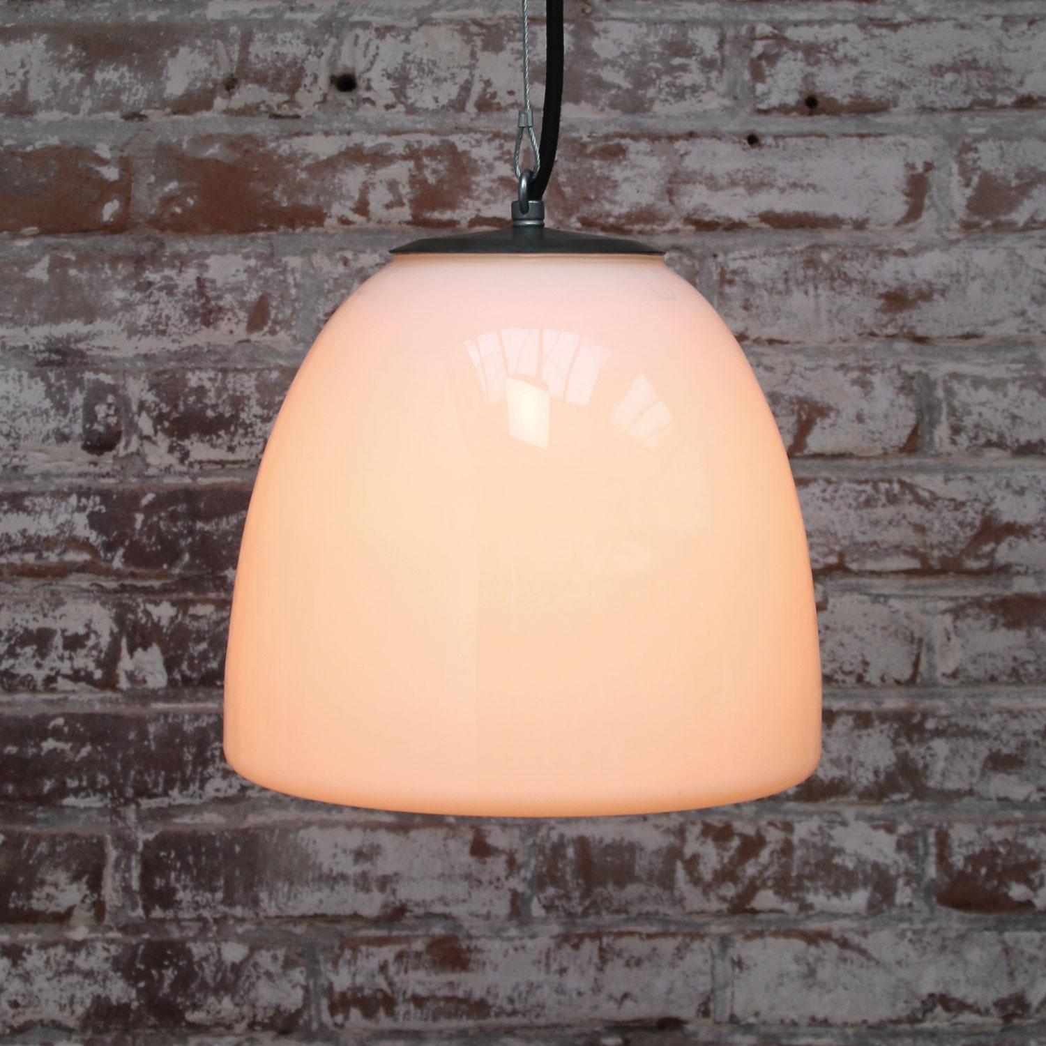 White Opaline Glass Vintage Industrial Metal Top Pendant Lights (2x) In Good Condition In Amsterdam, NL