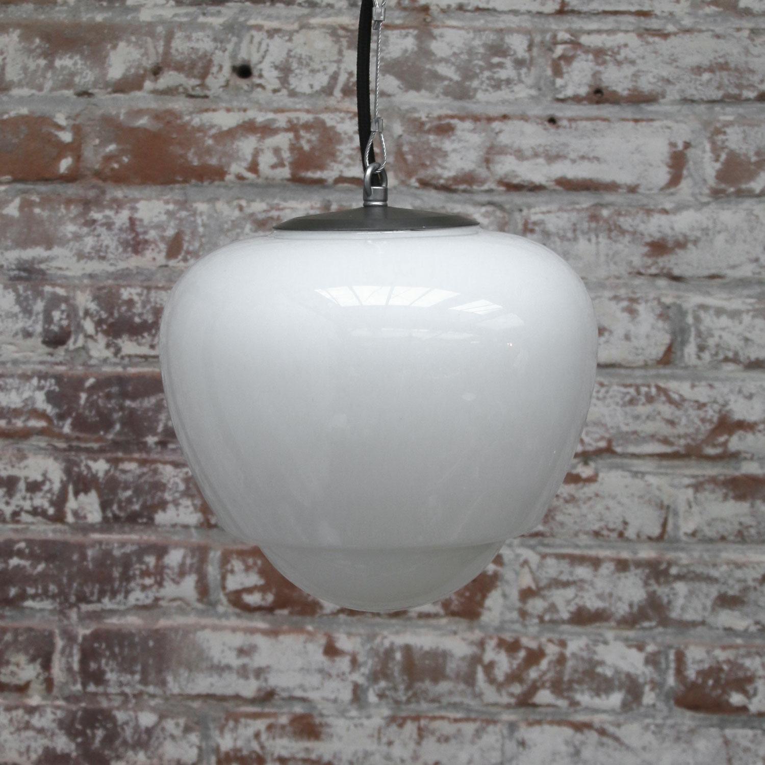 White Opaline Glass Vintage Industrial Metal Top Pendant Lights (11x) In Good Condition In Amsterdam, NL