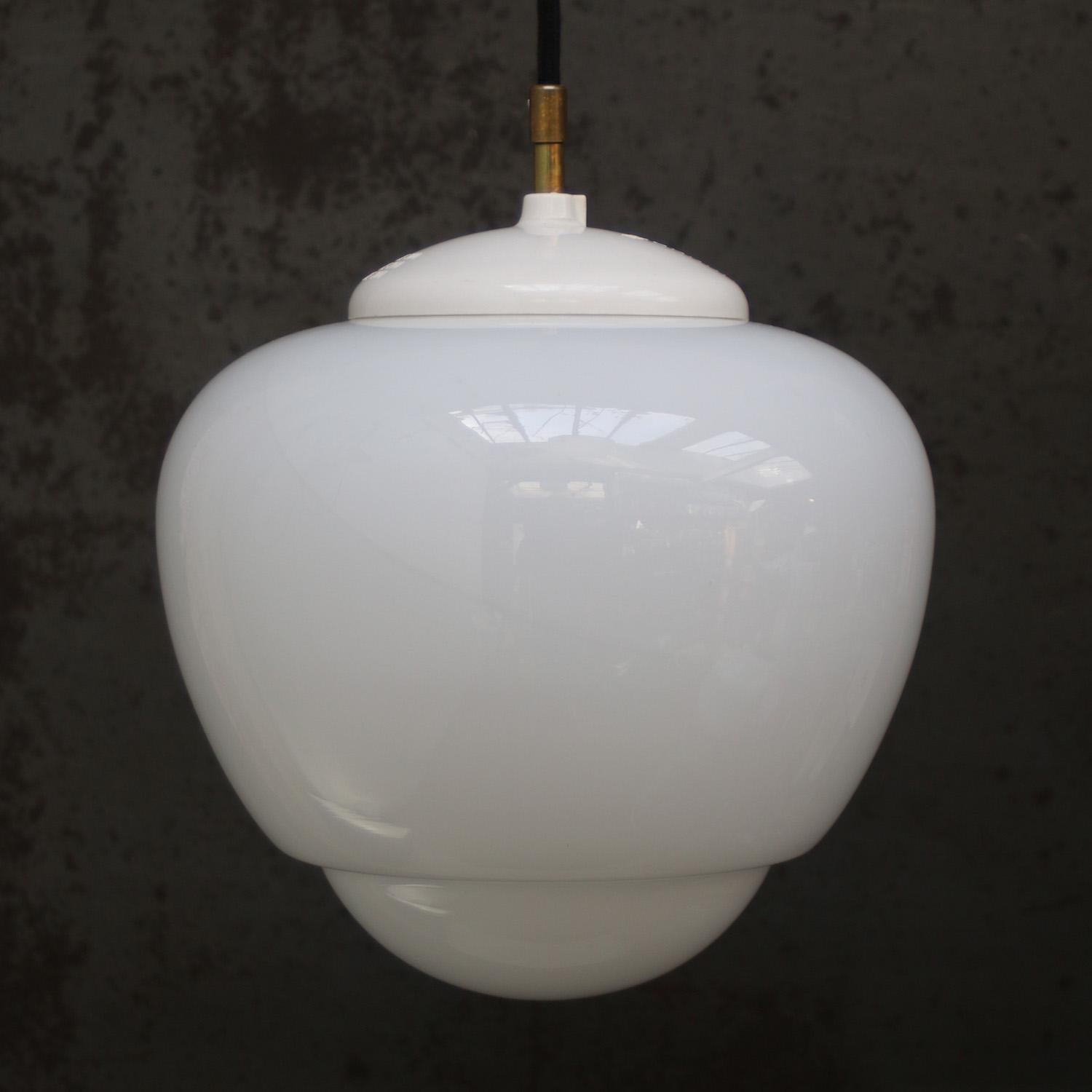 Bauhaus White Opaline Glass Vintage Industrial Pendant Lights For Sale