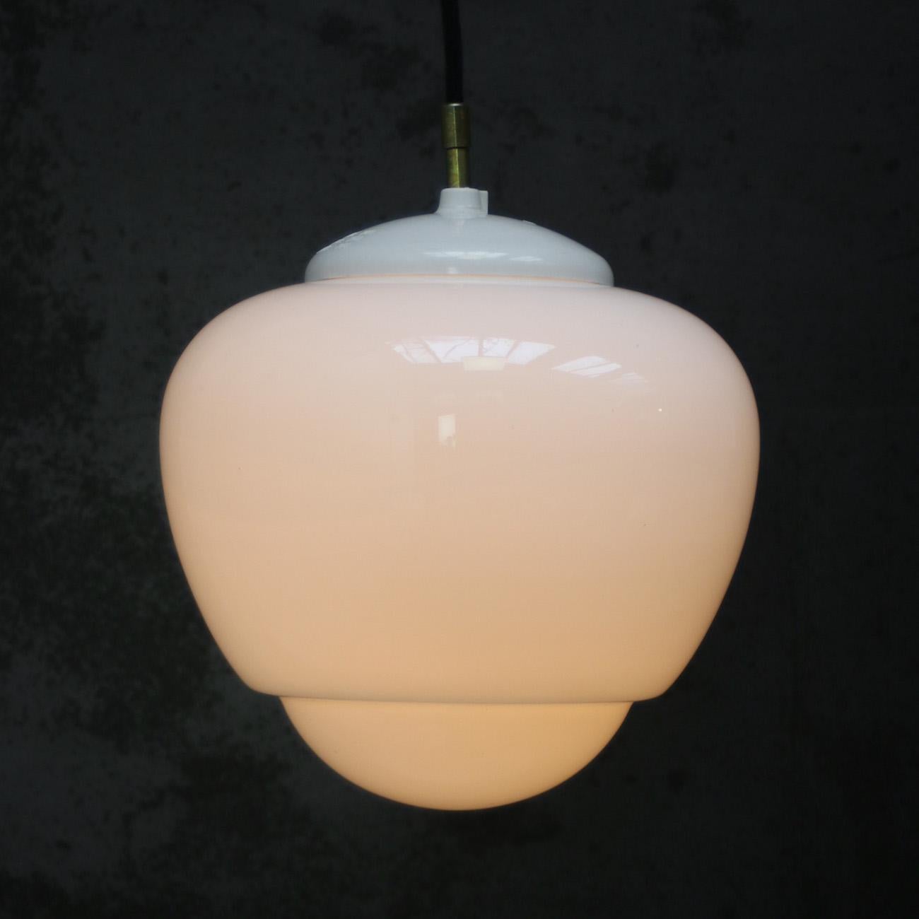 German White Opaline Glass Vintage Industrial Pendant Lights For Sale