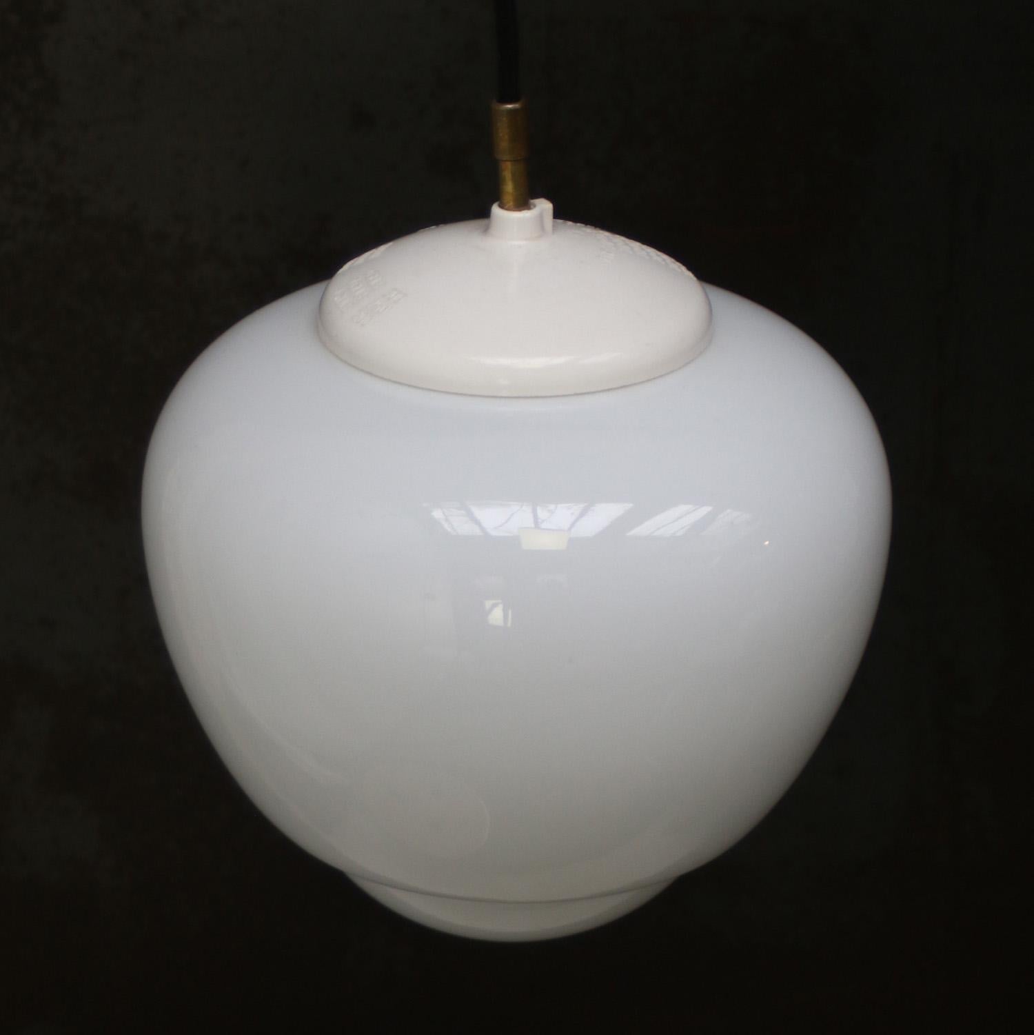 White Opaline Glass Vintage Industrial Pendant Lights In Good Condition For Sale In Amsterdam, NL