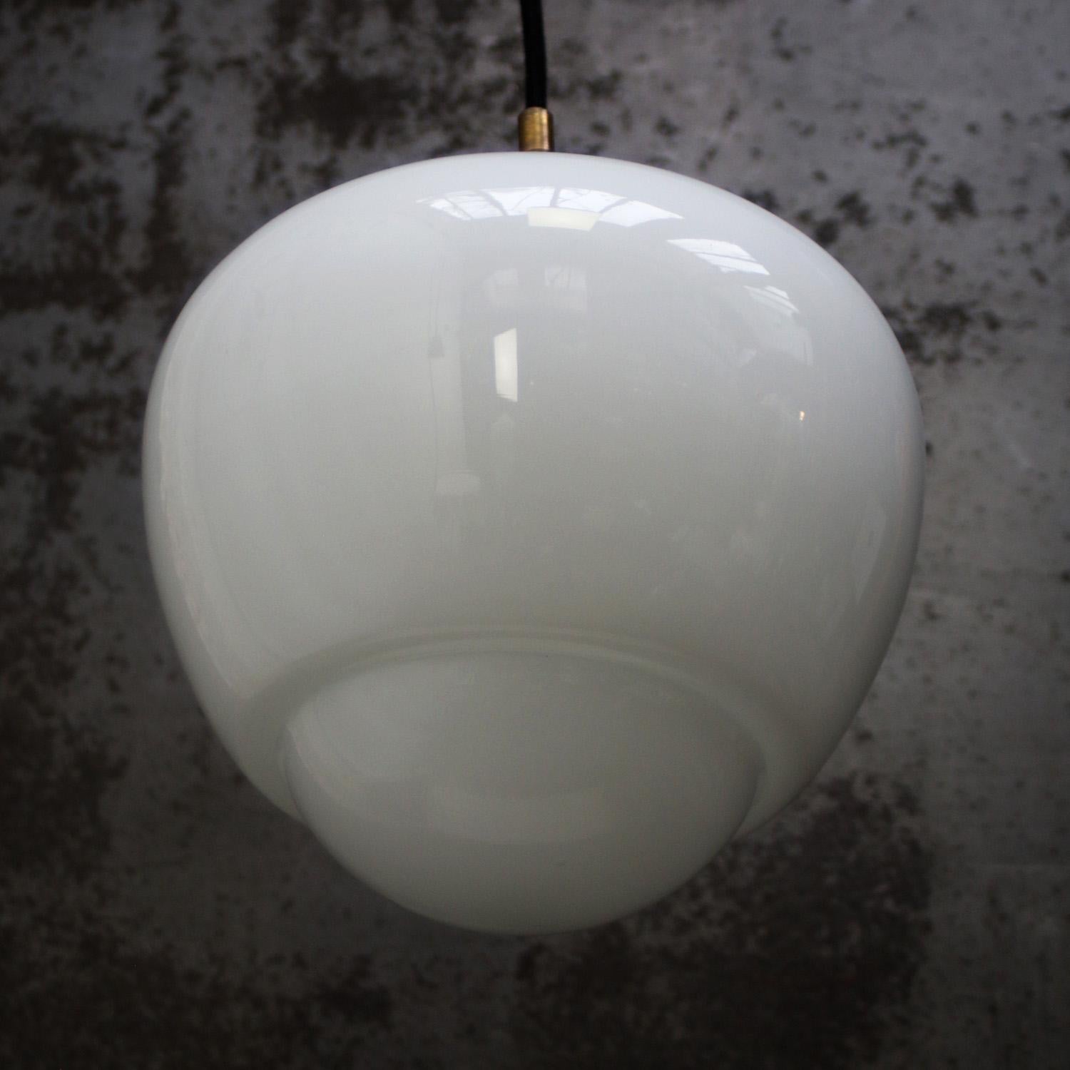 20th Century White Opaline Glass Vintage Industrial Pendant Lights For Sale