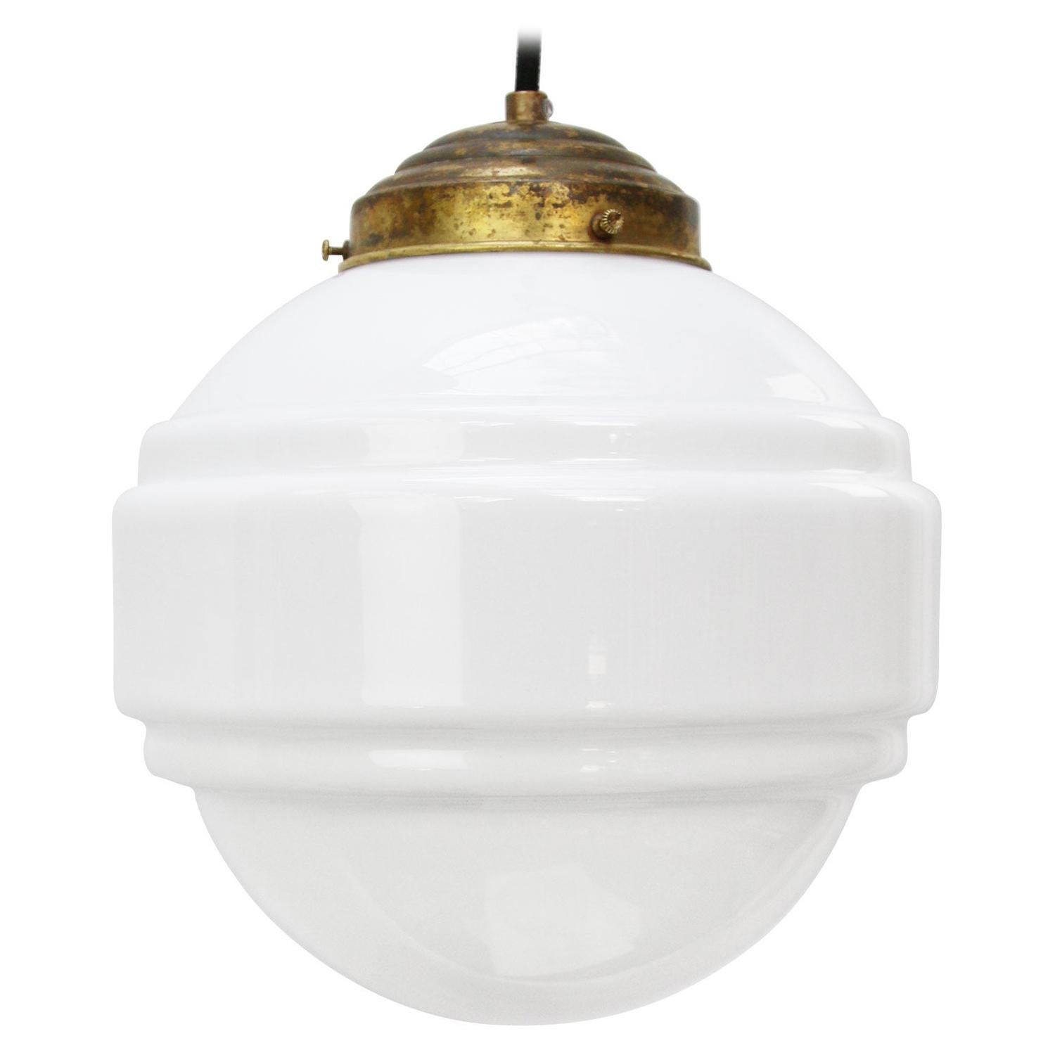 White Opaline Glass Vintage Mid Century Brass Top Pendant Lights For