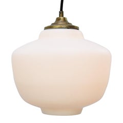 White Opaline Mat Glass Vintage Mid Century Brass Top Pendant Light