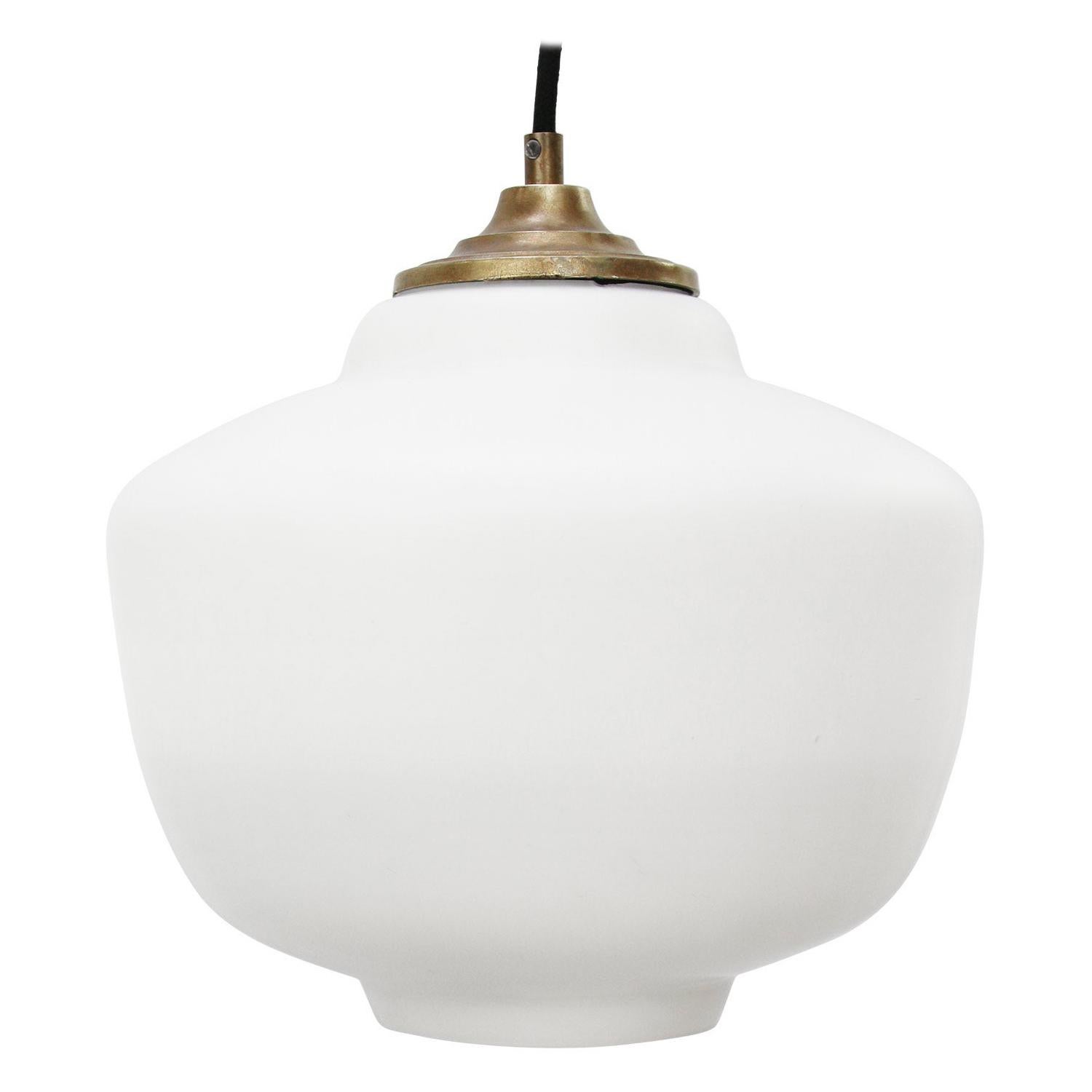 White Opaline Mat Glass Vintage Mid Century Brass Top Pendant Light