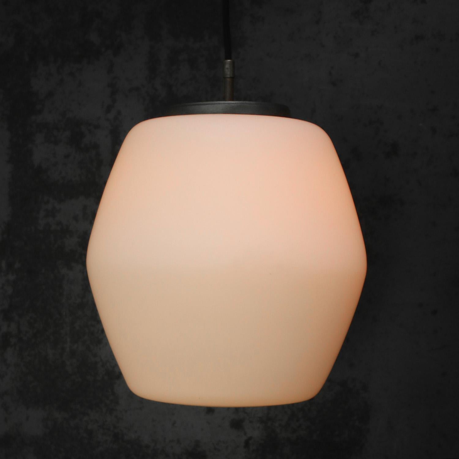 Mid-Century Modern White Opaline Matt Glass Vintage Mid Century Brass Top Pendant Lights For Sale