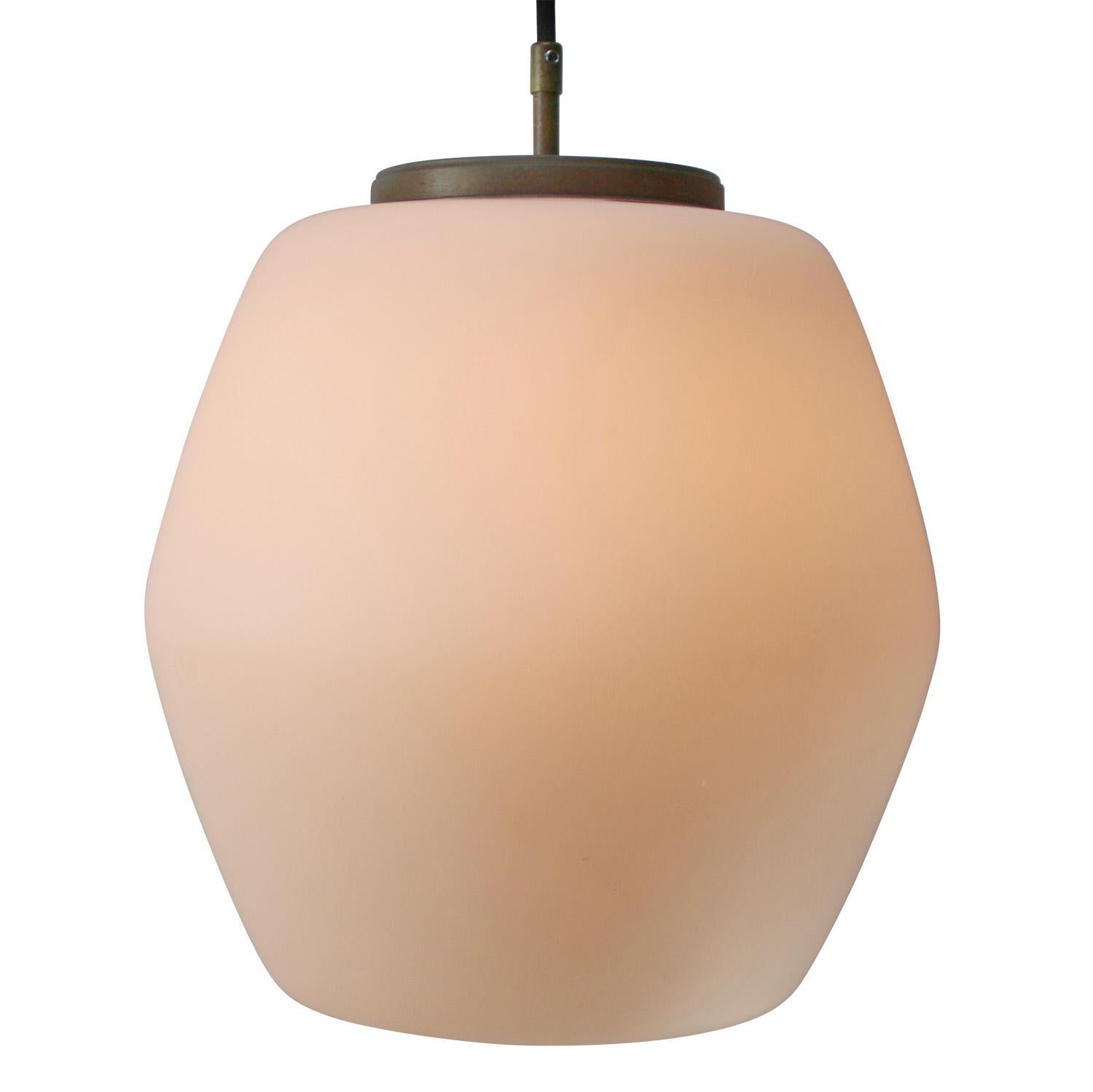 German White Opaline Matt Glass Vintage Mid Century Brass Top Pendant Lights For Sale