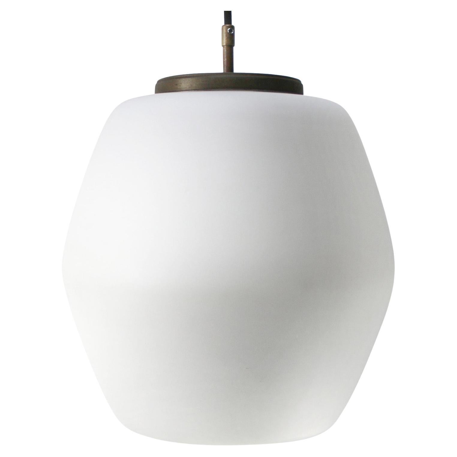 White Opaline Matt Glass Vintage Mid Century Brass Top Pendant Lights For Sale