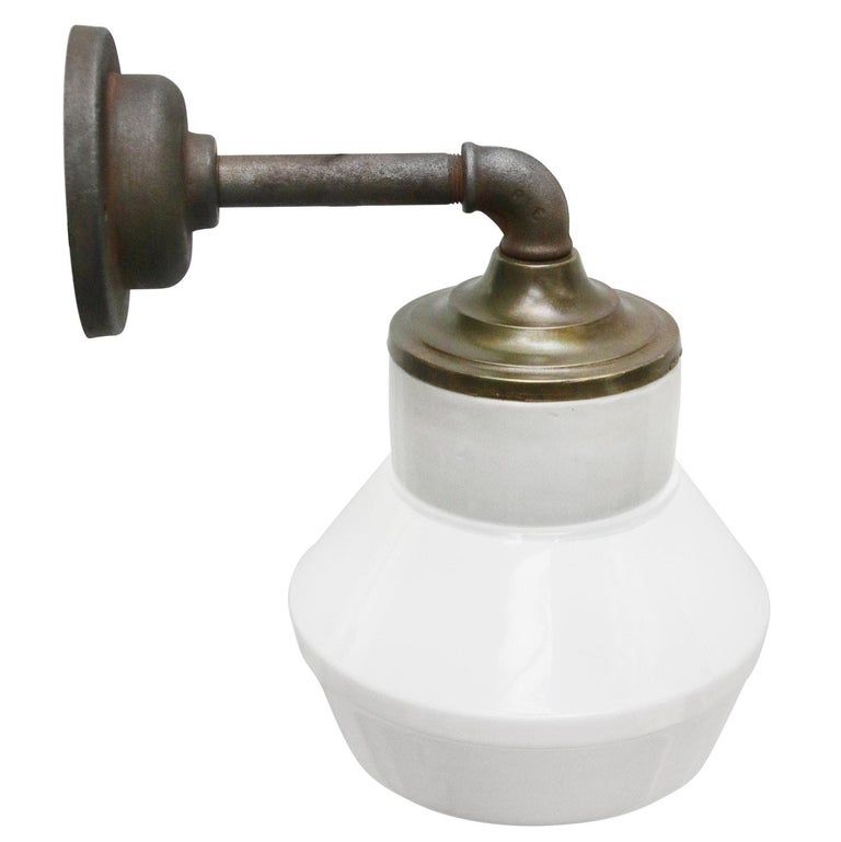 Industrial White Opaline Milk Glass Brass Vintage Cast Iron Arm Scones Wall Lights For Sale