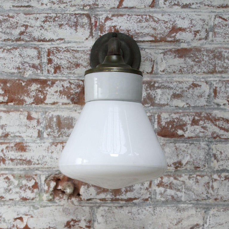 Dutch White Opaline Milk Glass Brass Vintage Cast Iron Arm Scones Wall Lights For Sale