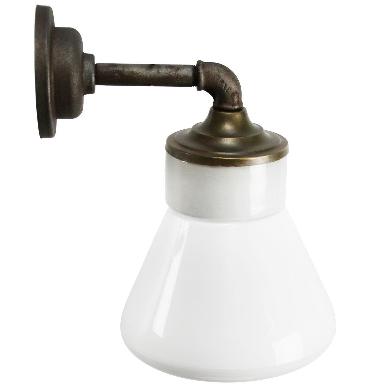 Industrial White Opaline Milk Glass Brass Vintage Cast Iron Arm Scones Wall Lights For Sale