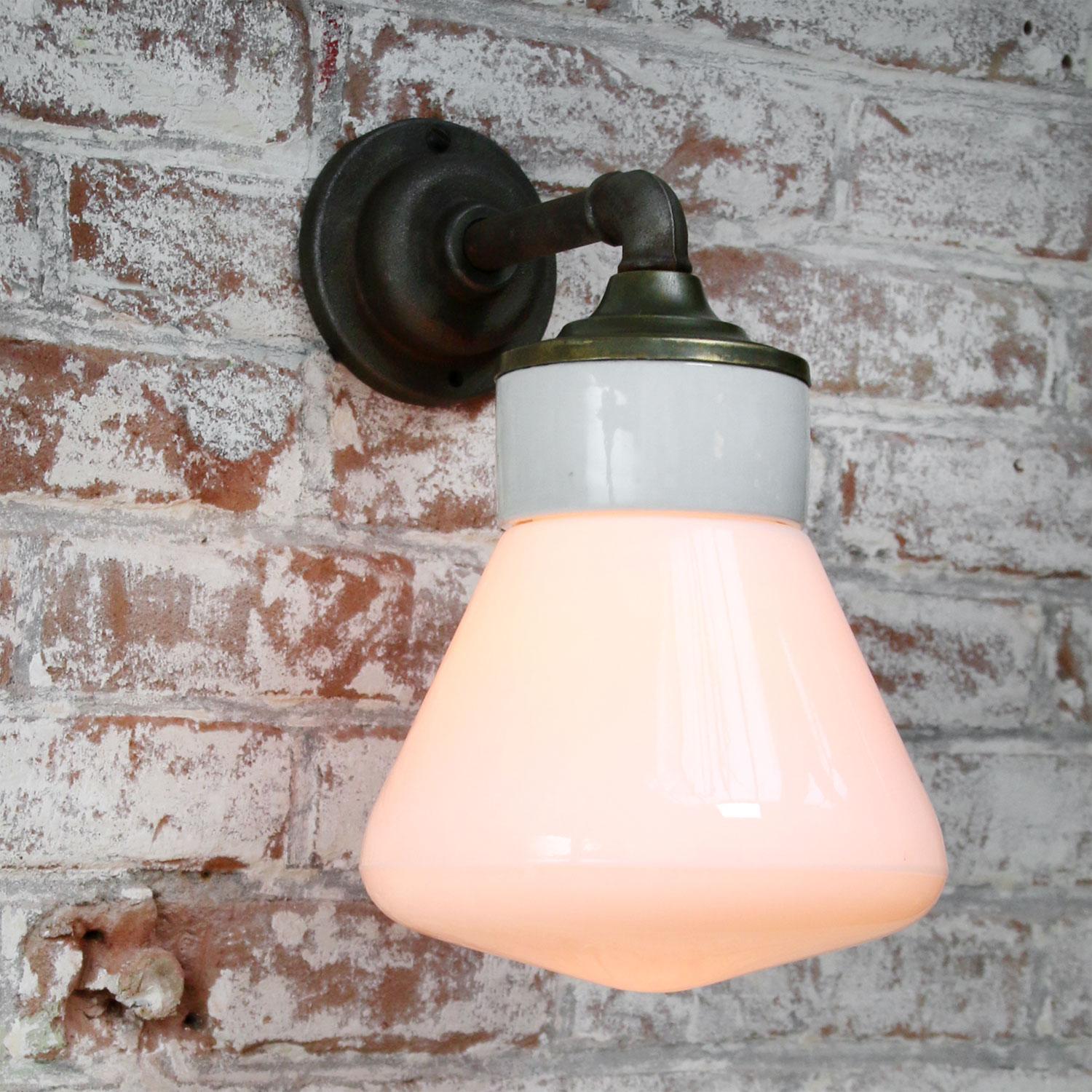 Industrial White Opaline Milk Glass Brass Vintage Cast Iron Arm Scones Wall Lights For Sale