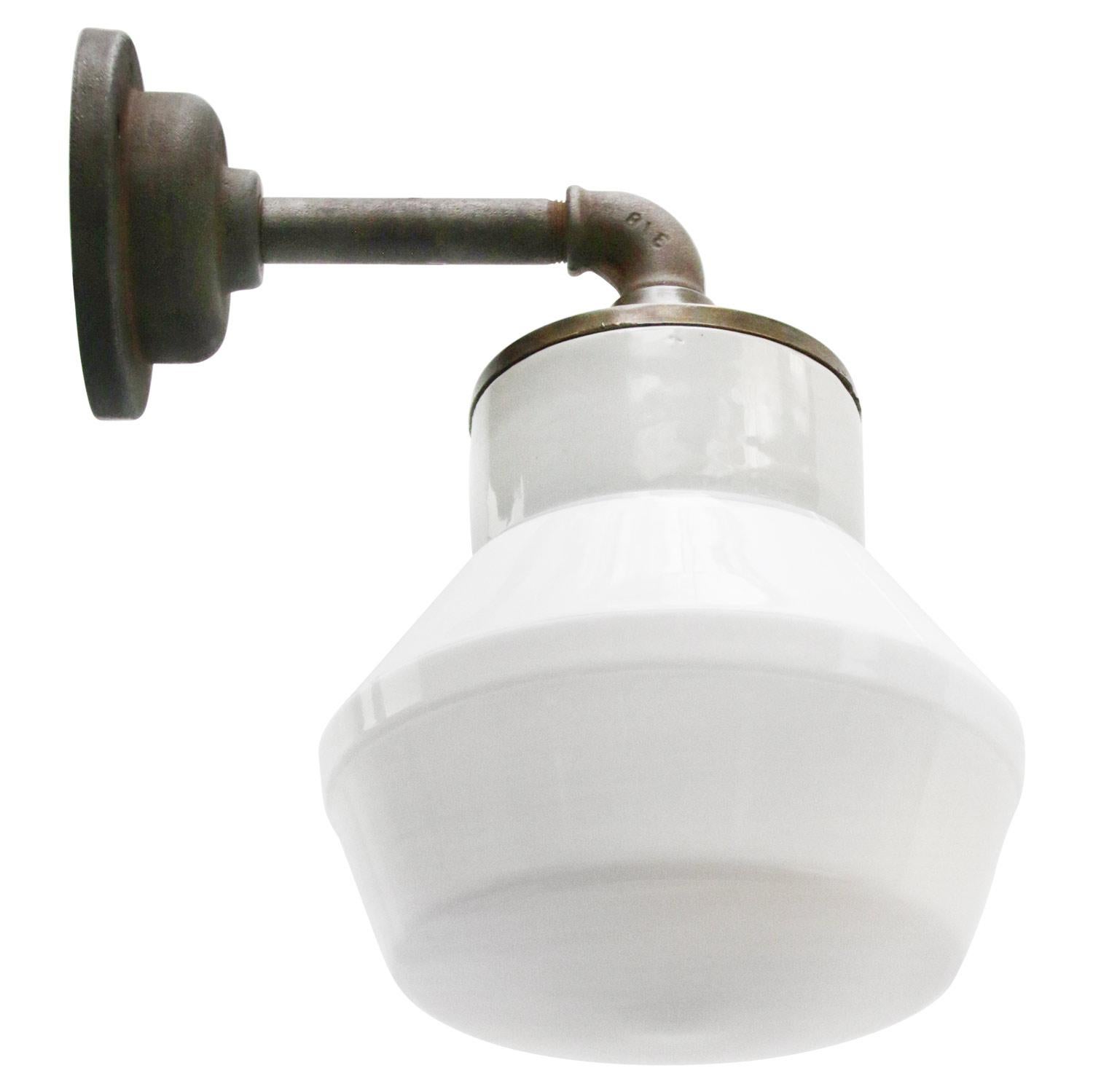 White Opaline Milk Glass Brass Vintage Cast Iron Arm Sconces Wall Lights In Good Condition In Amsterdam, NL