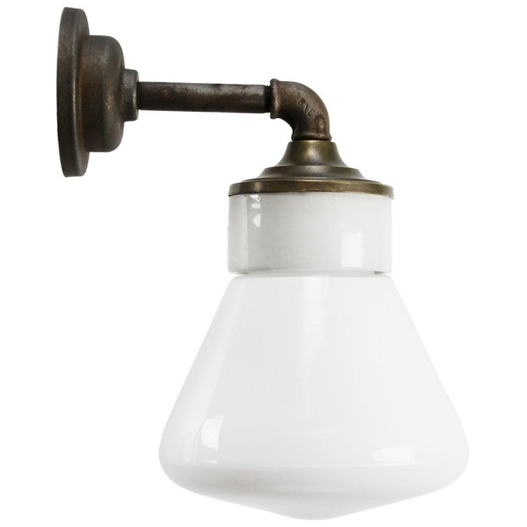White Opaline Milk Glass Brass Vintage Cast Iron Arm Scones Wall Lights For Sale