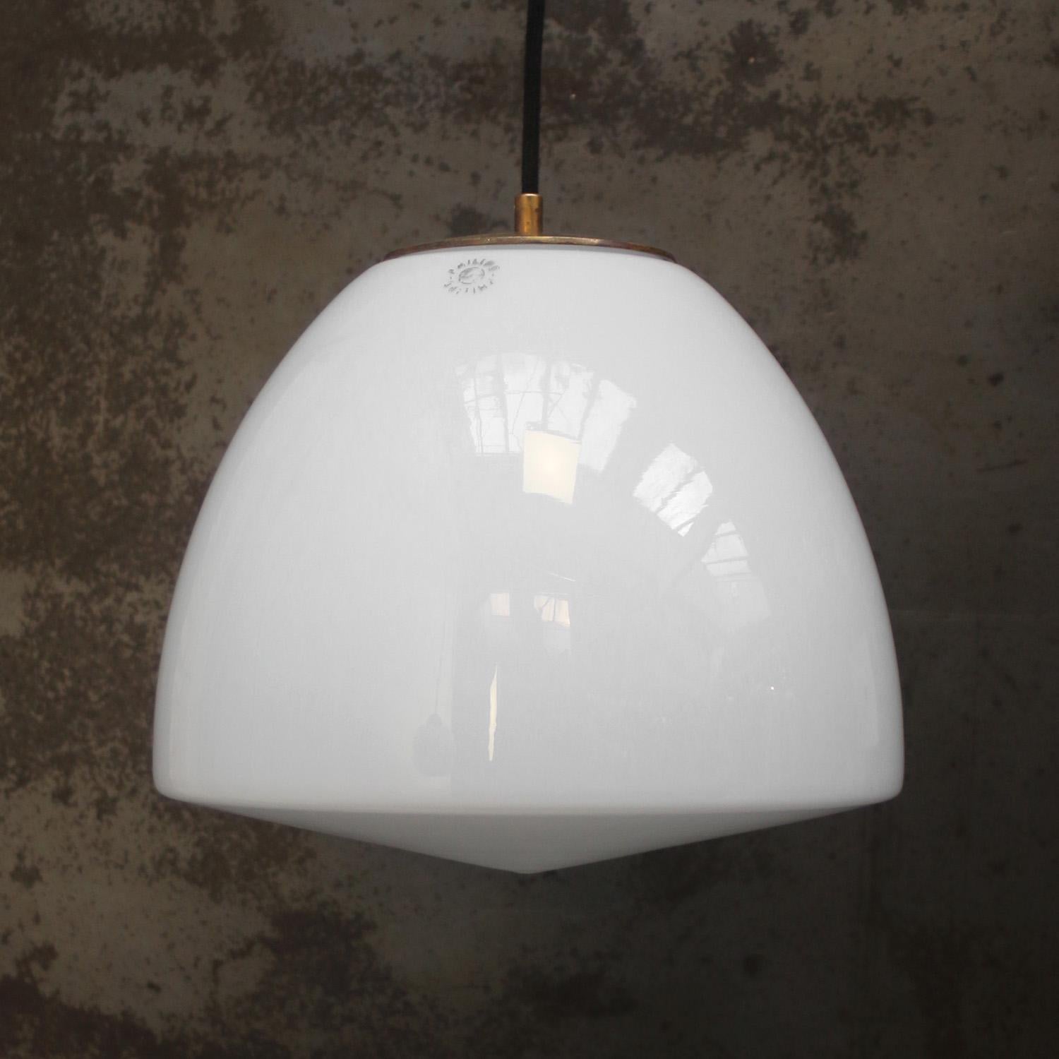 Mid-Century Modern White Opaline Milk Glass Mid-century Brass Top Pendant Light by Philips, Holland For Sale