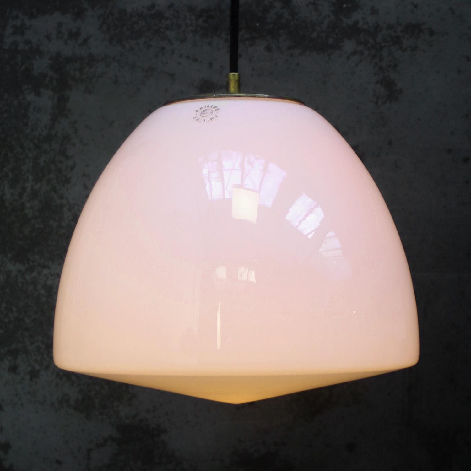 Dutch White Opaline Milk Glass Mid-century Brass Top Pendant Light by Philips, Holland For Sale